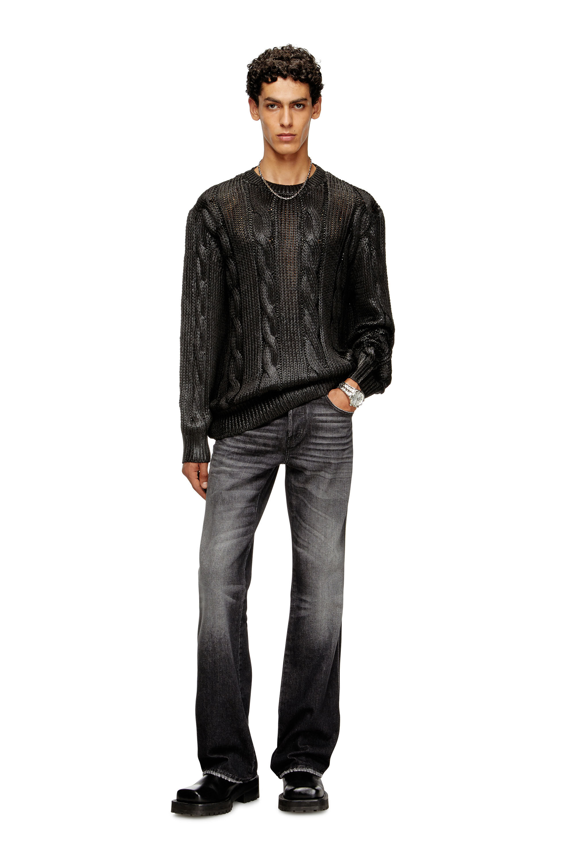 Diesel - K-MICHIU, Herren Pullover mit Zopf-Muster und Glanzeffekt in Schwarz - 1