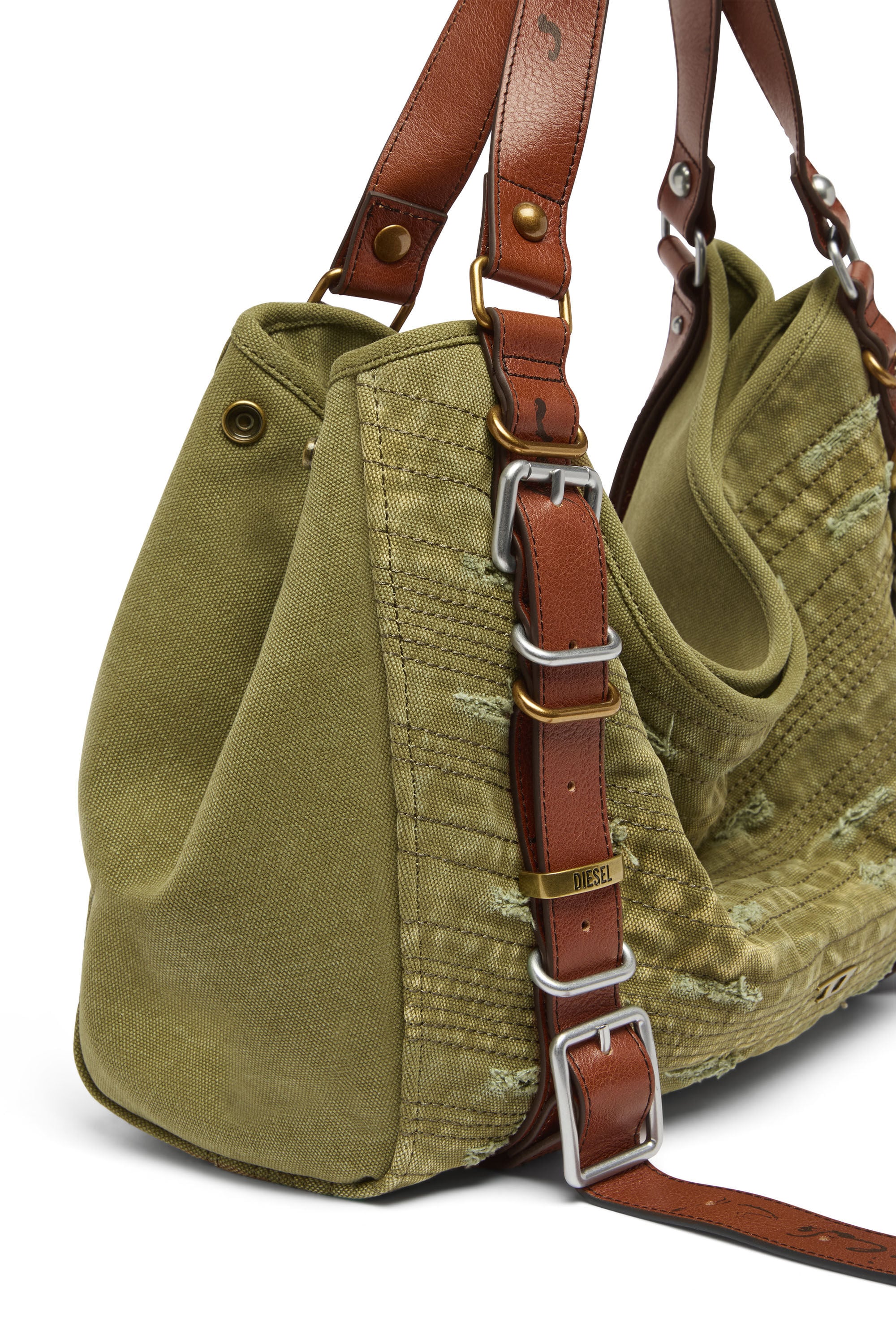 Diesel - D-ONE TOPHANDLE M, Unisex D-One-Medium Henkeltasche aus Canvas in Used-Optik in Armeegr&uuml;n - 6