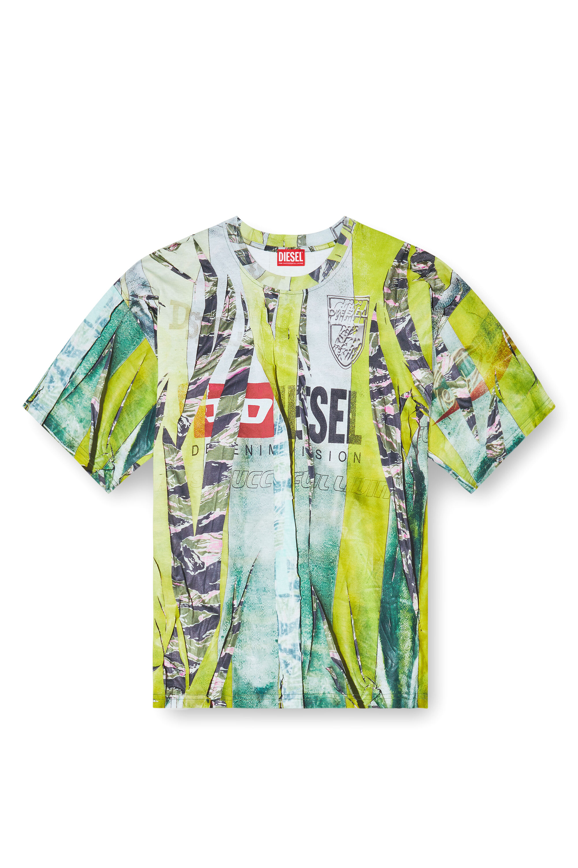 Diesel - T-BOXT-R13, Herren T-Shirt mit gerissenem Trompe l'œil-Print in Grün/Gelb - 2