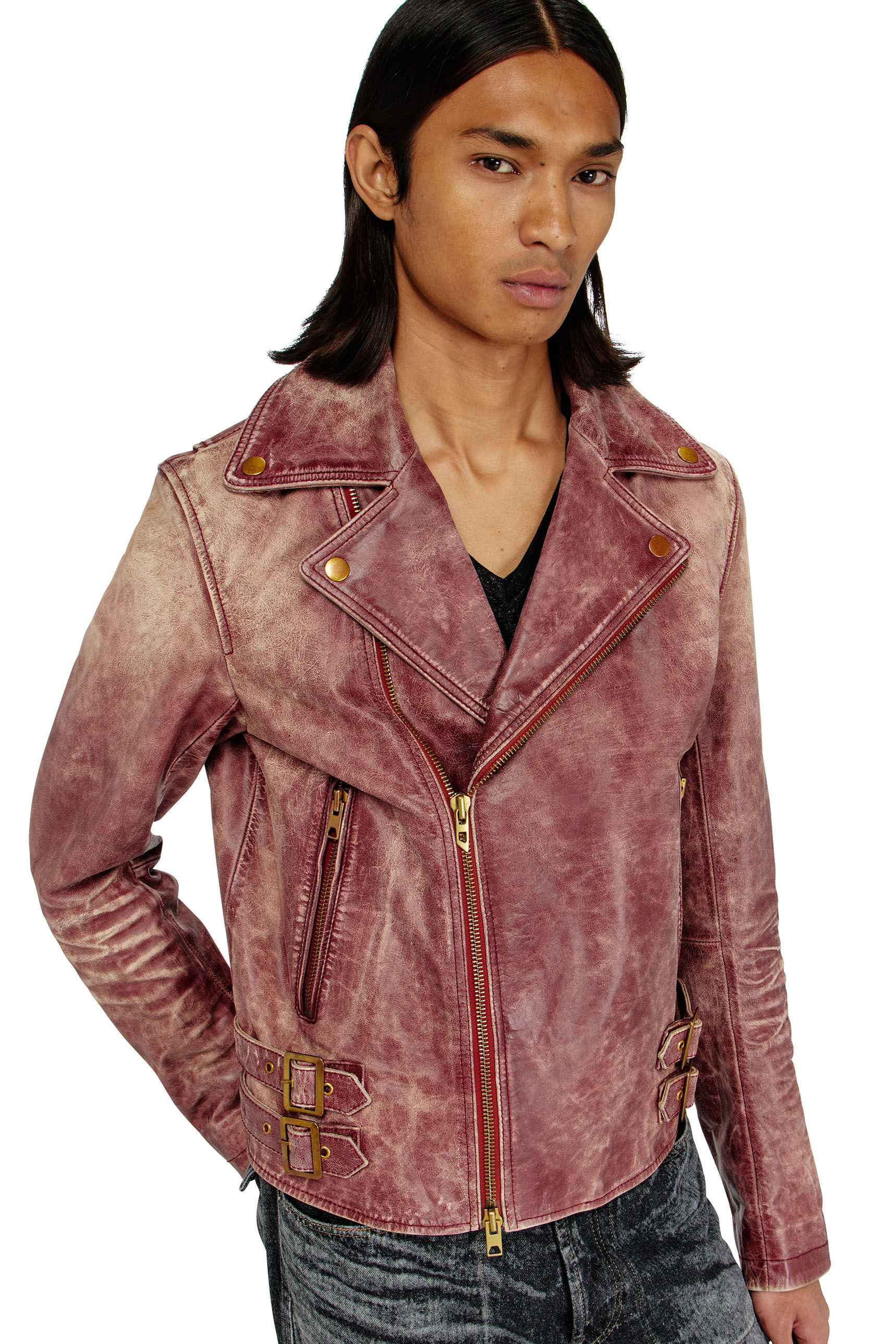 Diesel - L-EON-CJCM, Veste biker en cuir trait&eacute; Homme in Rouge - 5