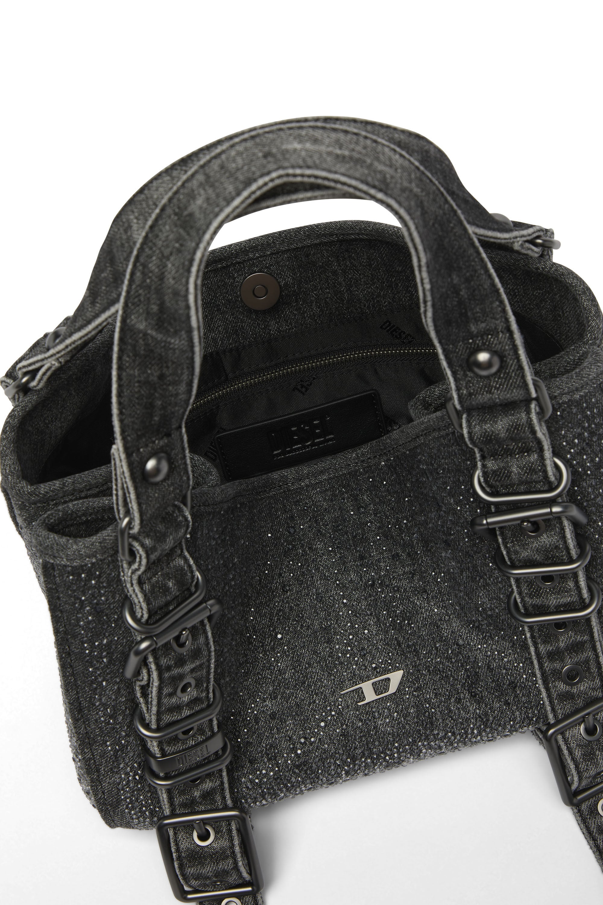 Diesel - D-ONE TOPHANDLE S, Damen D-One-Small Henkeltasche aus solarisiertem Denim mit Kristallen in Schwarz - 3