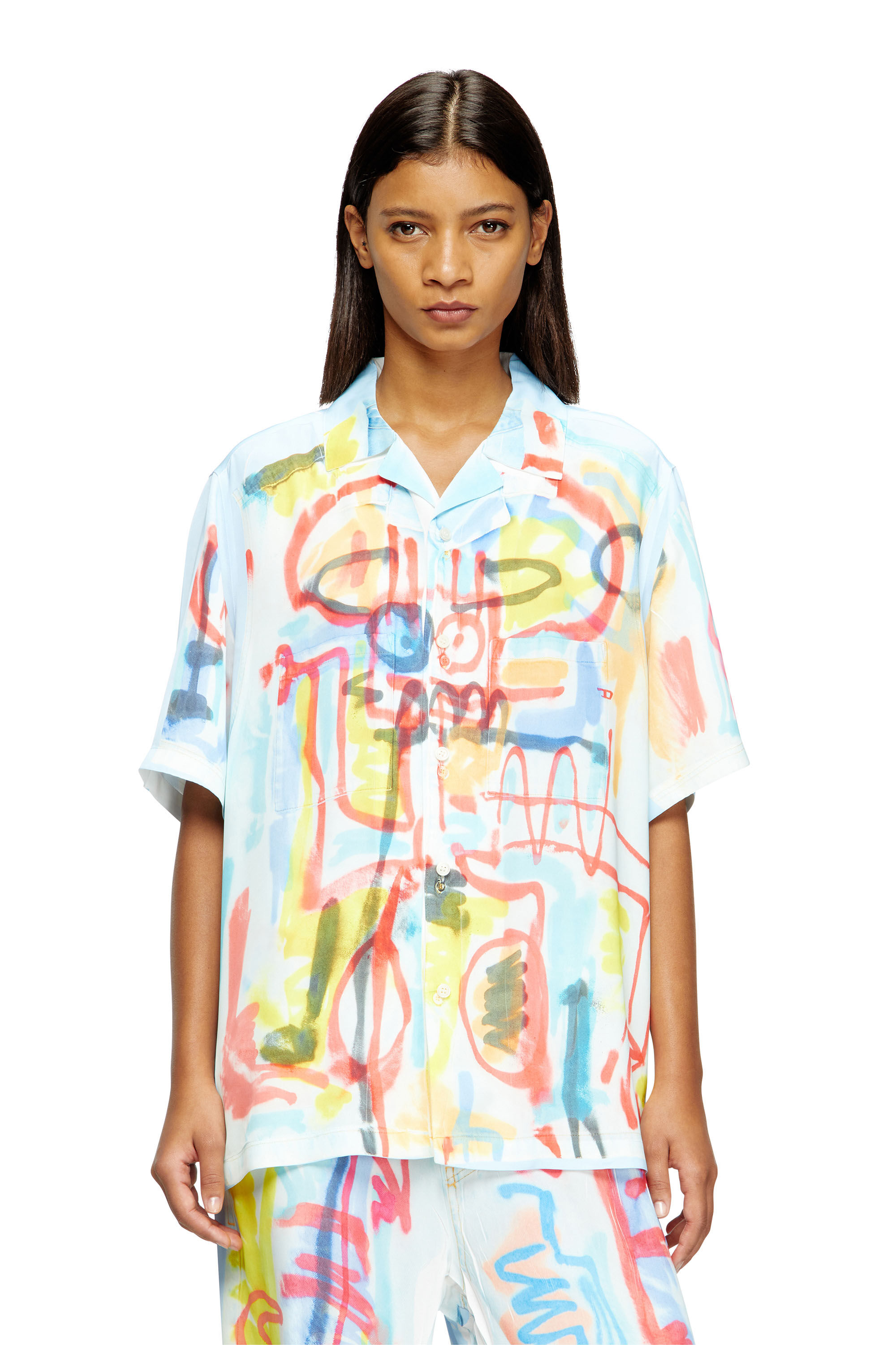 Diesel - C-PAROSHORT-GRAFFITI-AFR, Unisex Bowling-Hemd aus Satin mit Graffiti-Print in Hellblau - 5