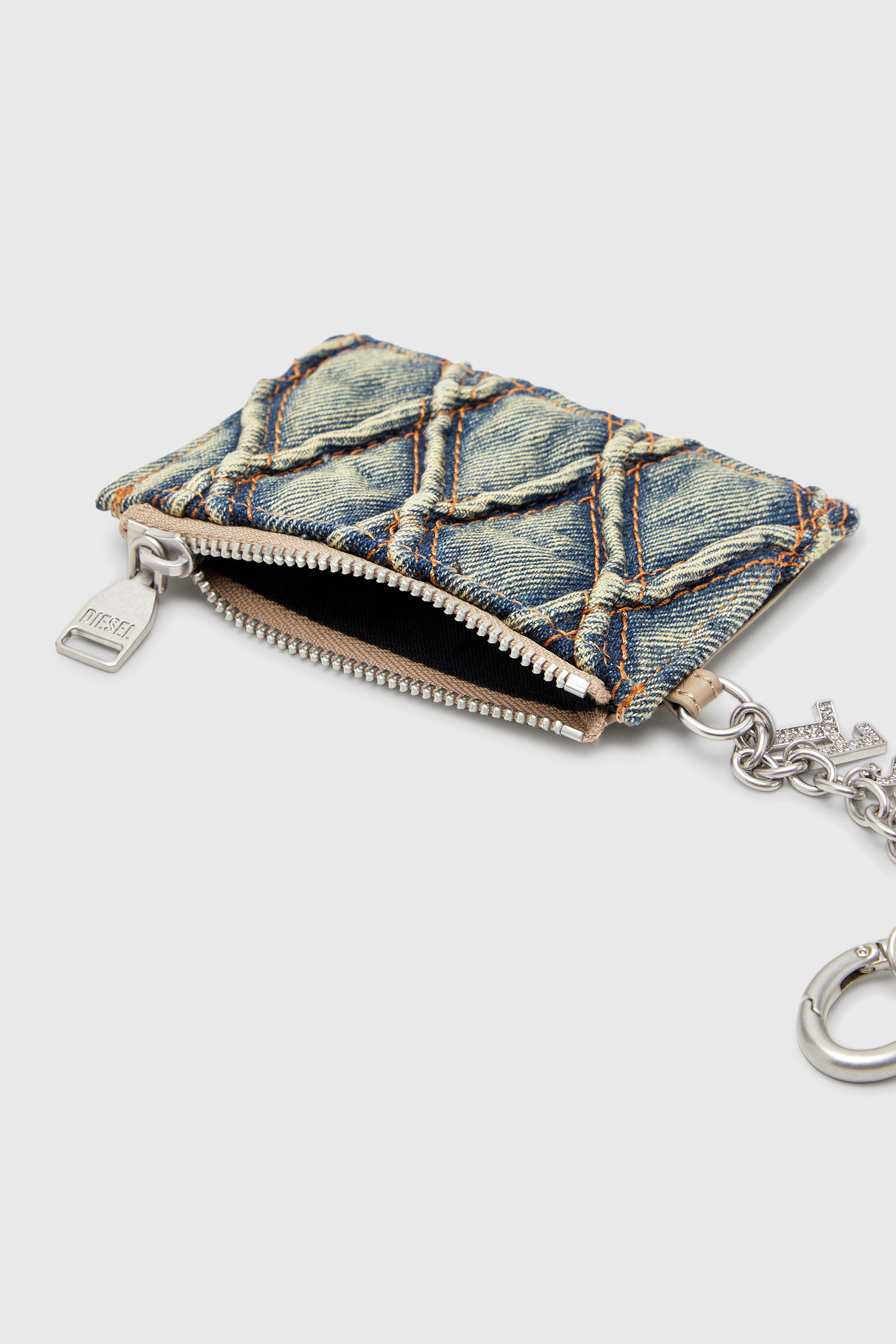 Diesel - CARD HOLDER WITH CHAIN, Porte-cartes en denim matelass&eacute; motif Argyle Femme in Bleu - 3