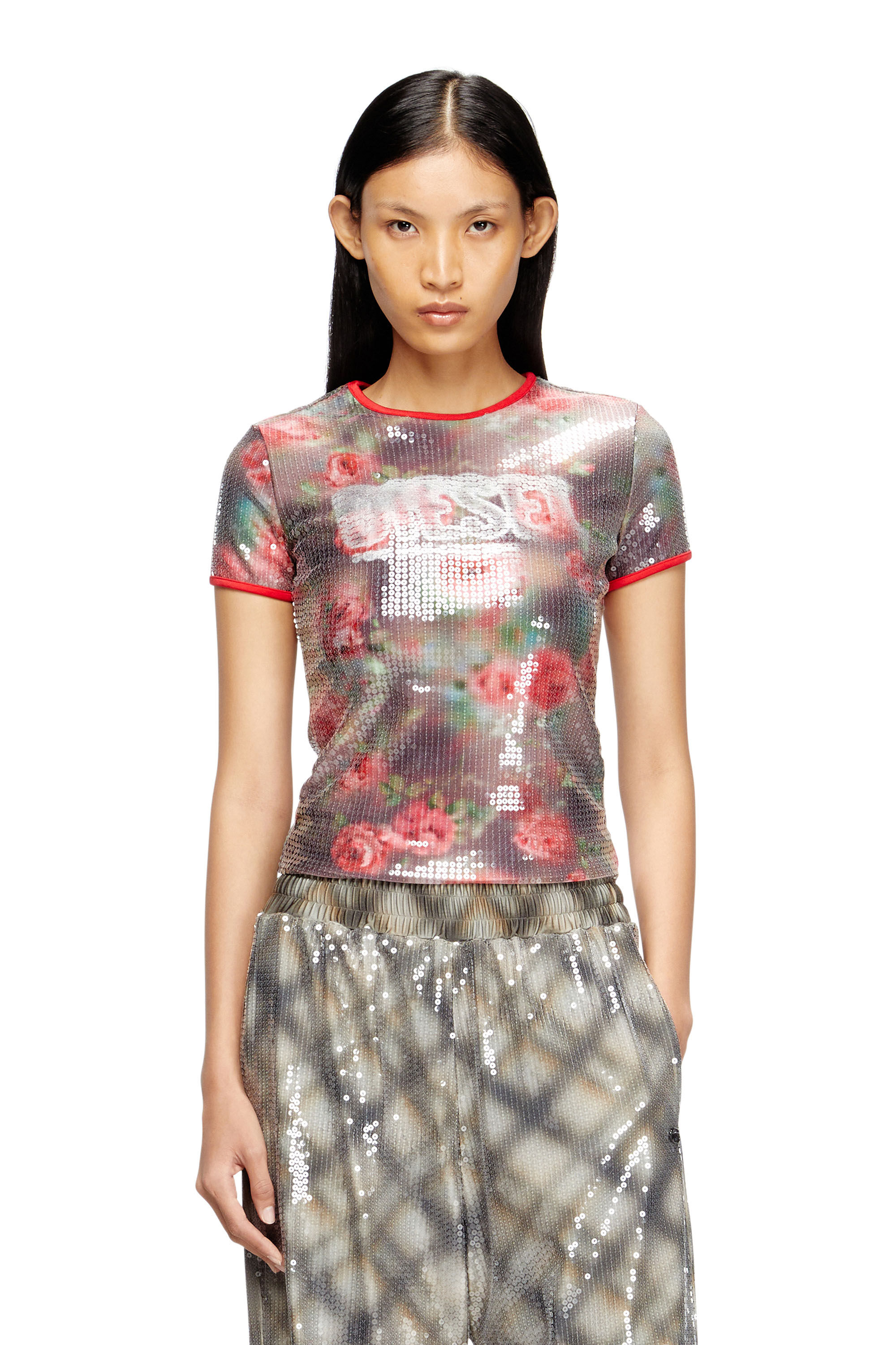 Diesel - T-UNKYEL, Haut ajusté en jersey à imprimé floral avec sequins Femme in Polychrome - 3