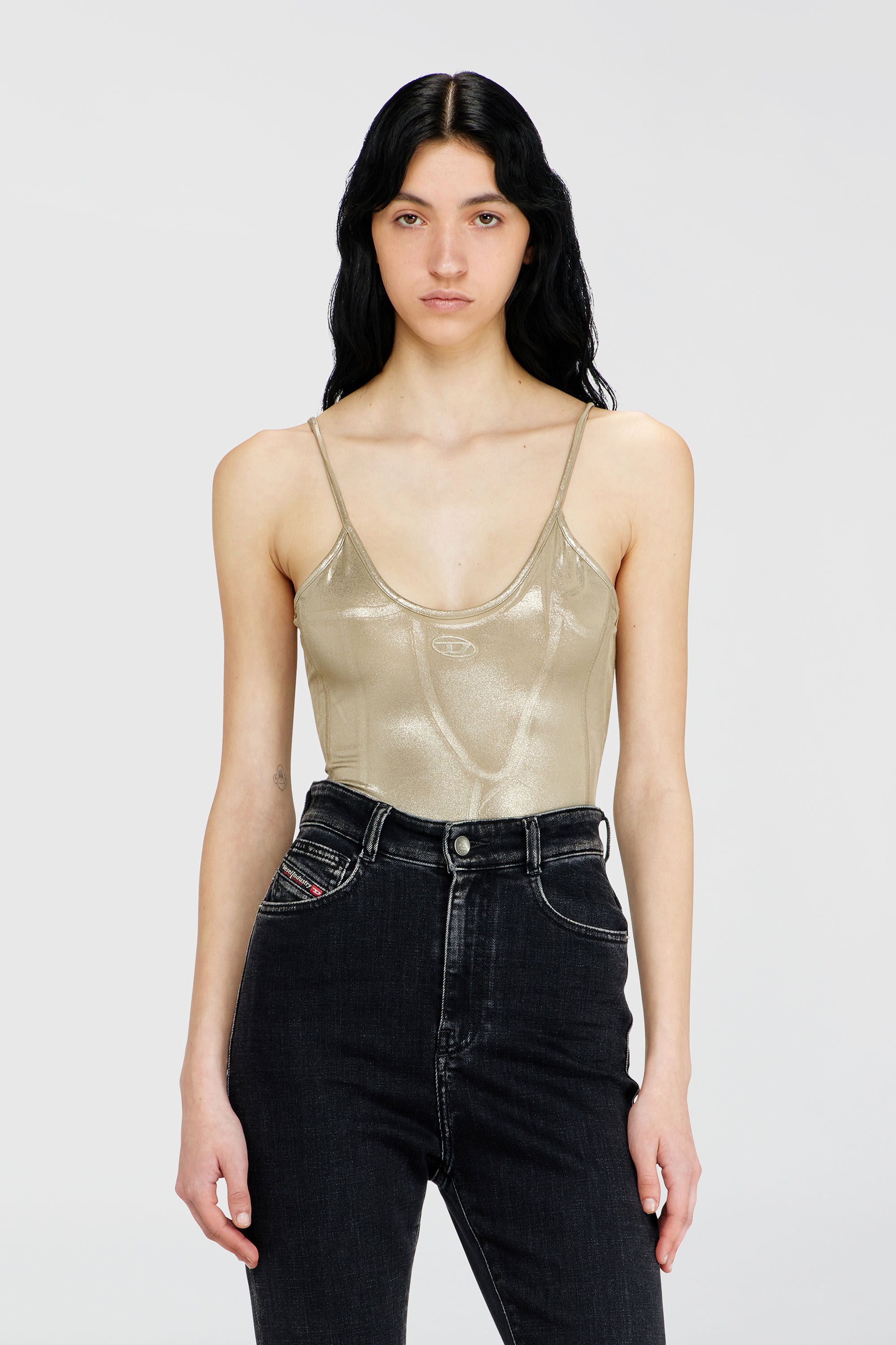 Diesel - T-IMYNY, Damen Gl&auml;nzender Jersey-Body mit Rundhalsausschnitt in Gold - 3
