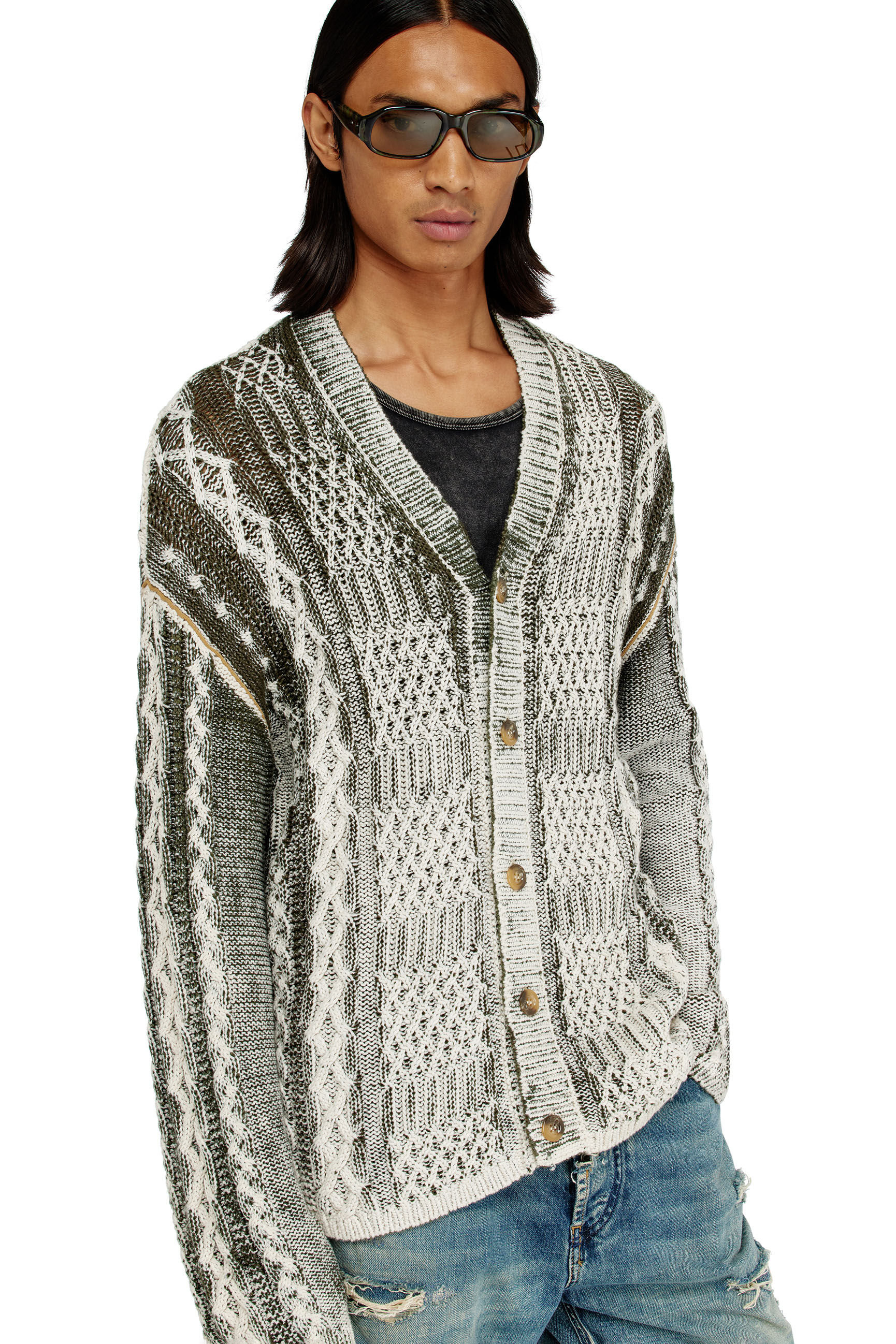 Diesel - K-MIOTO, Herren Behandelter Cardigan aus Zopfmusterstrick in Weiss/Grau - 5
