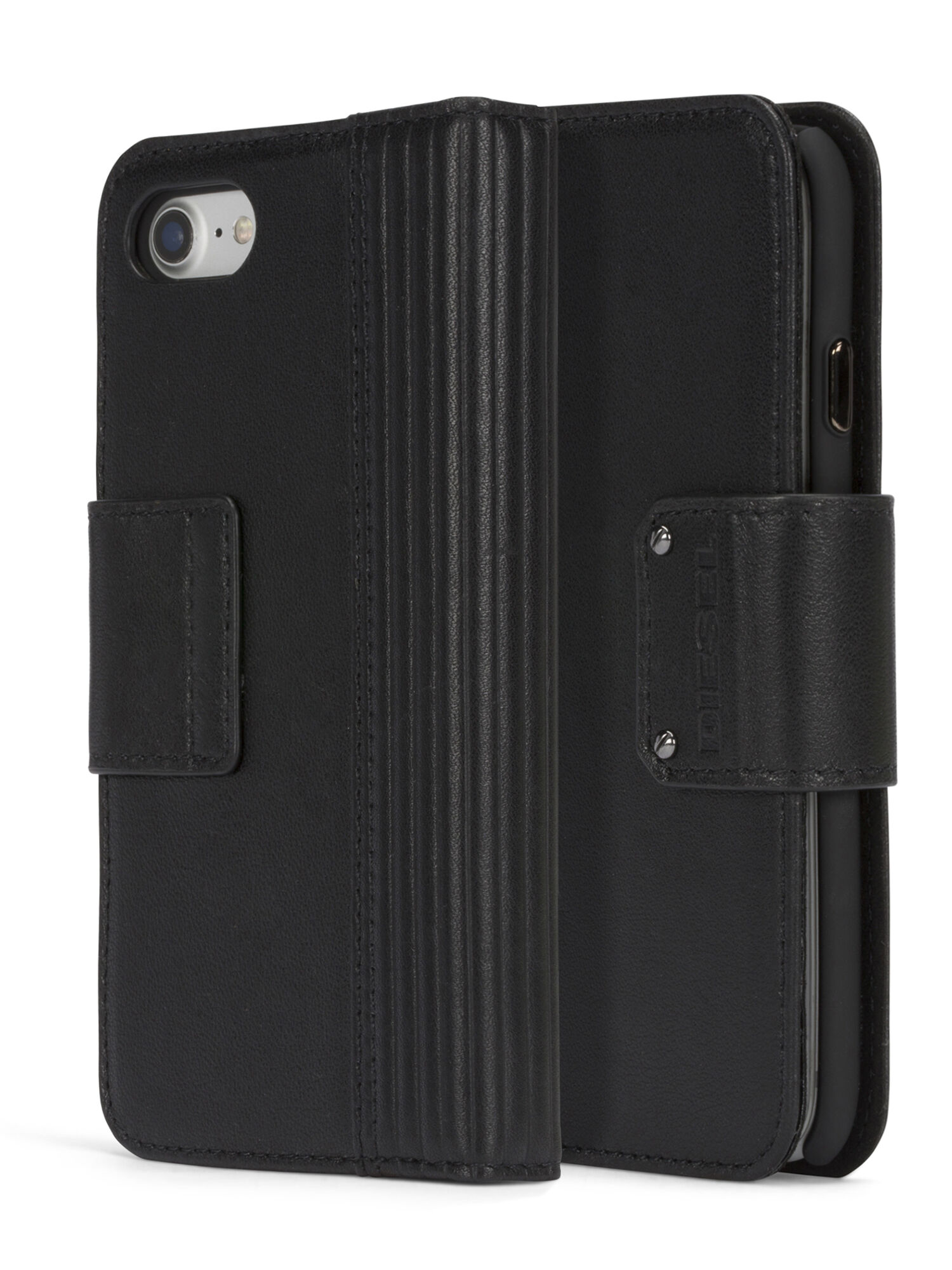 Diesel - BLACK LINED LEATHER IPHONE 8 PLUS/7 PLUS FOLIO, Unisex Klappcover mit schwarzem Leder, iPhone 8Plus/7Plus in Schwarz - 3