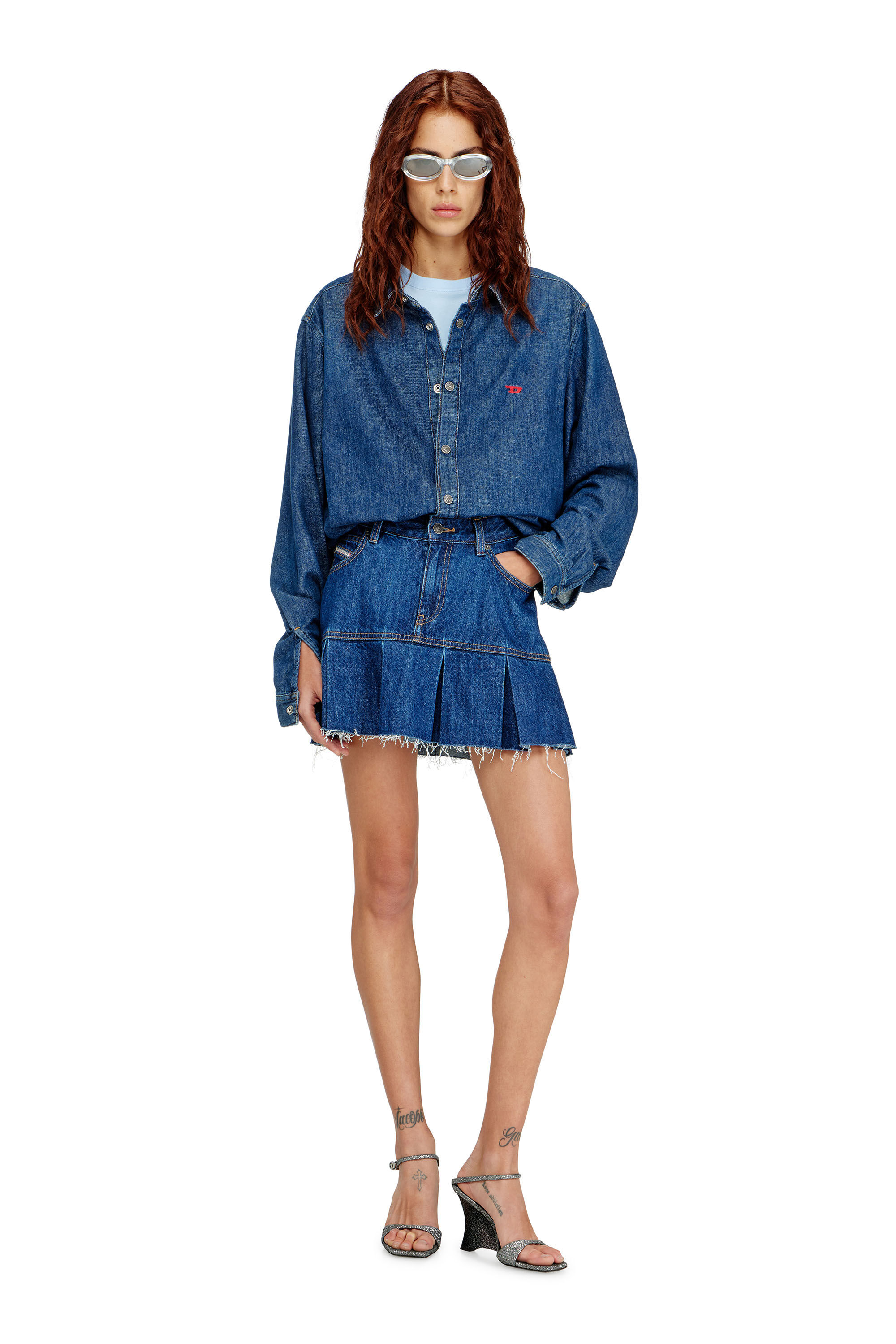 Diesel - DE-REEN, Jupe pliss&eacute;e mini en denim Femme in ToBeDefined - 1