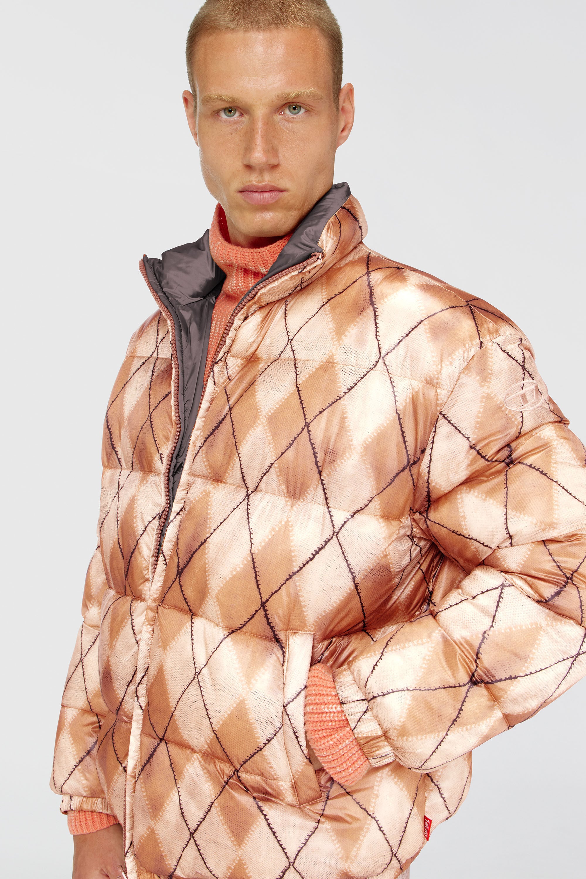 Diesel - W-BOURB-DLCK, Herren Wendbare Steppjacke mit argyle-print in Beige/Grau - 5