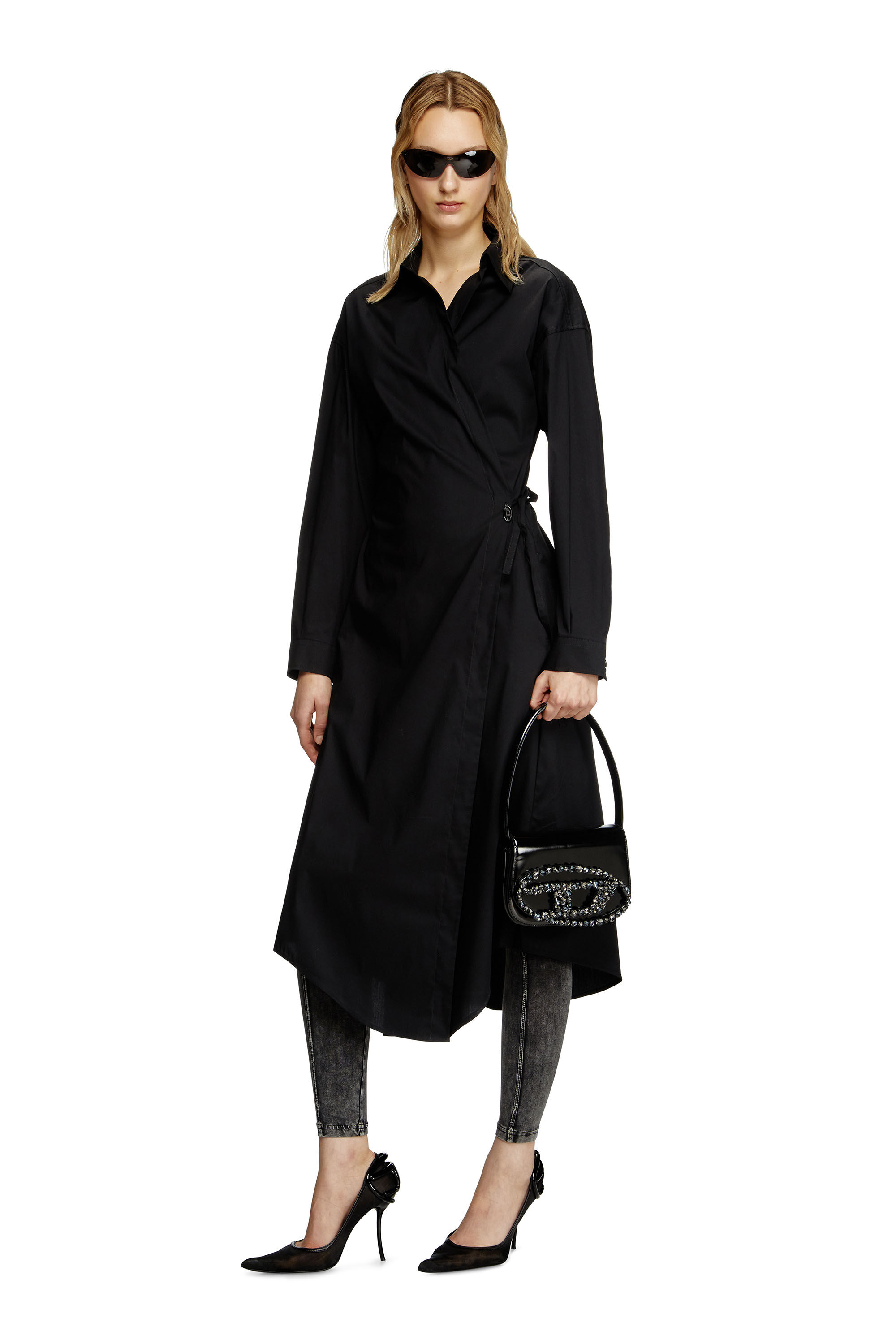 Diesel - D-ELPHI-LONG, Damen Wickel-Shirtkleid aus Baumwollmisch-Popeline in Schwarz - 3