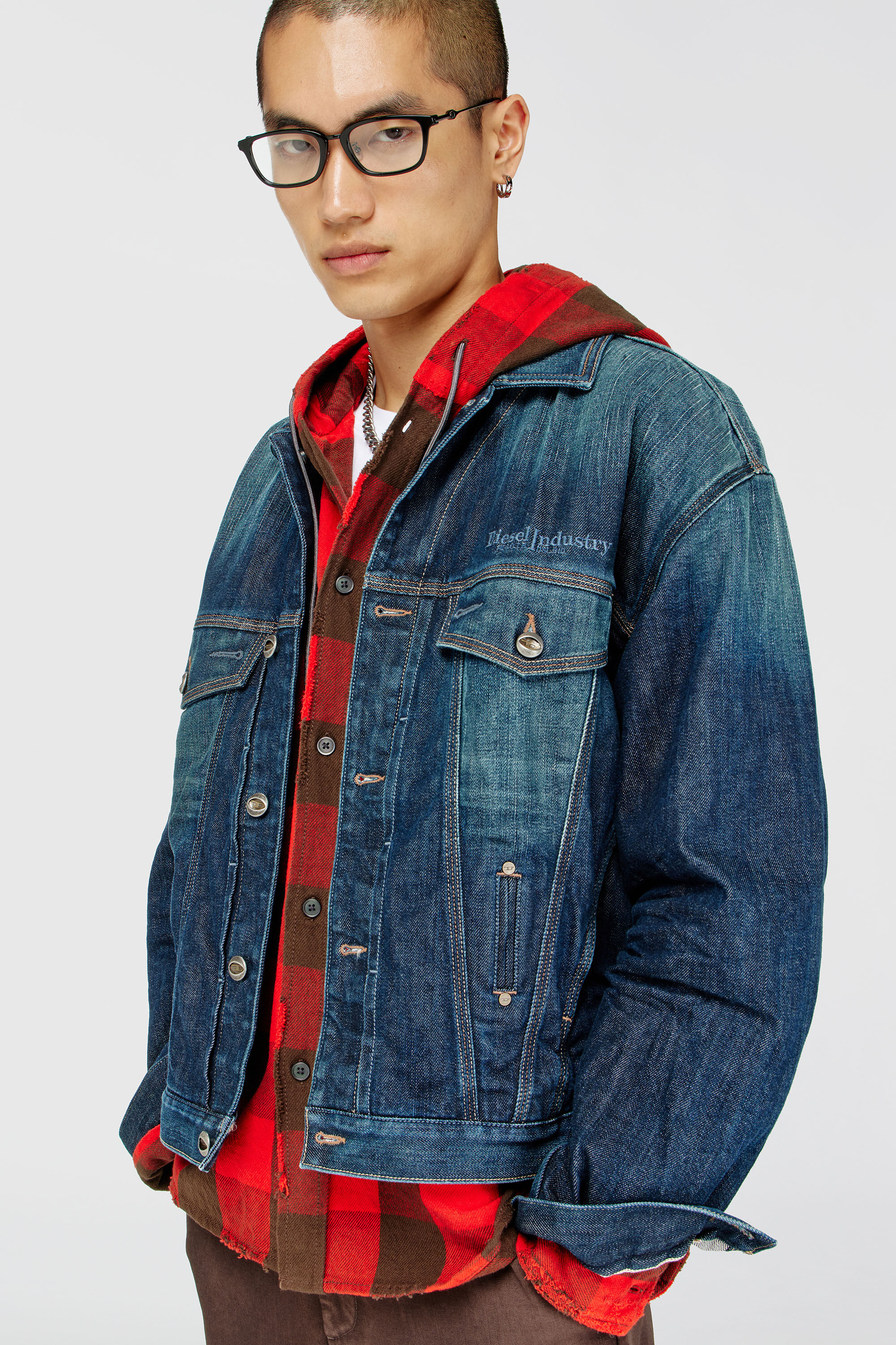 Diesel - S-DRUM-HOODY, Camicia con cappuccio effetto distressed in flanella a quadri Uomo in Multicolor - 5
