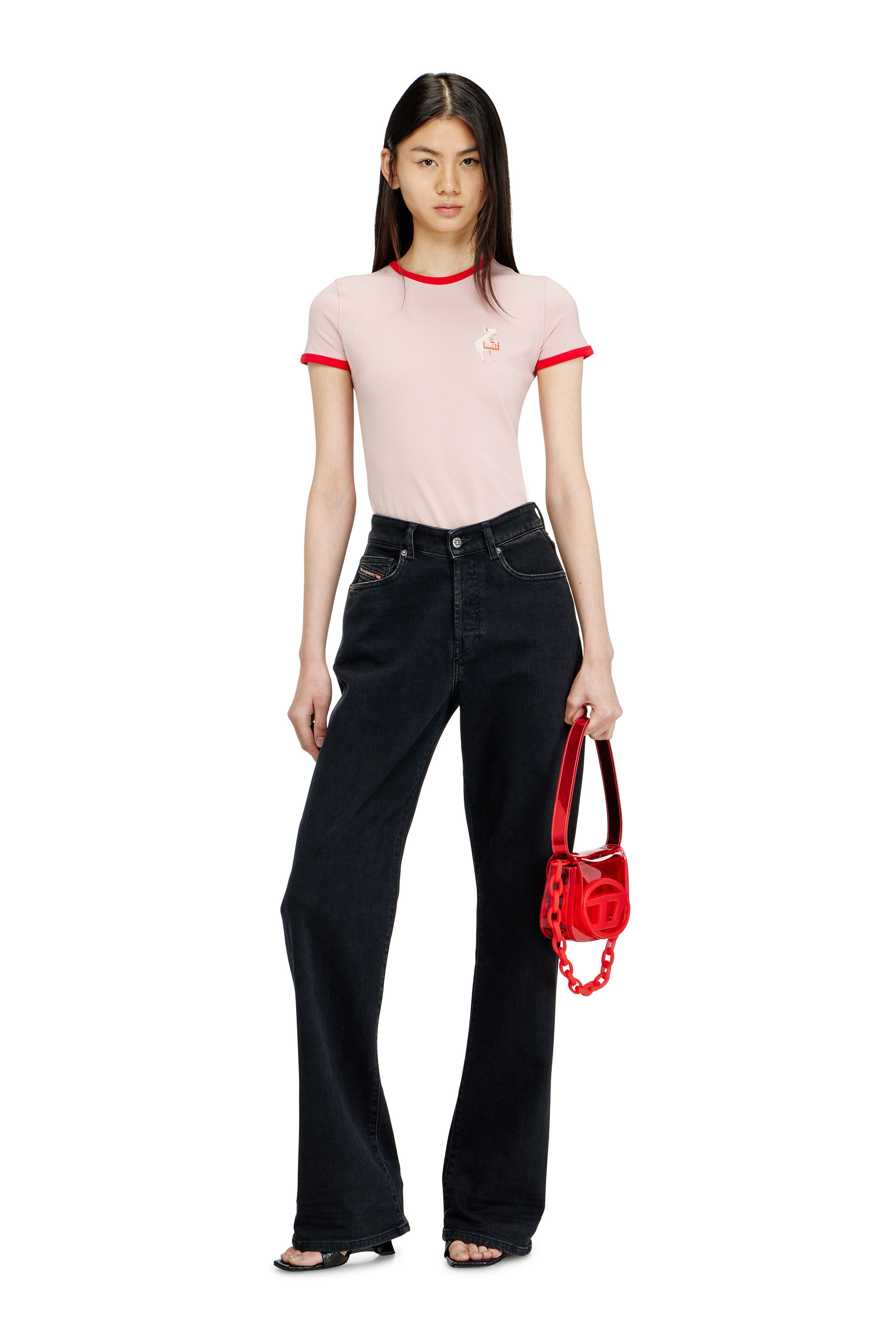 Diesel - T-UNCUTIES-LONG-S12, T-shirt slim con stampa di maiale Donna in Rosa - 1