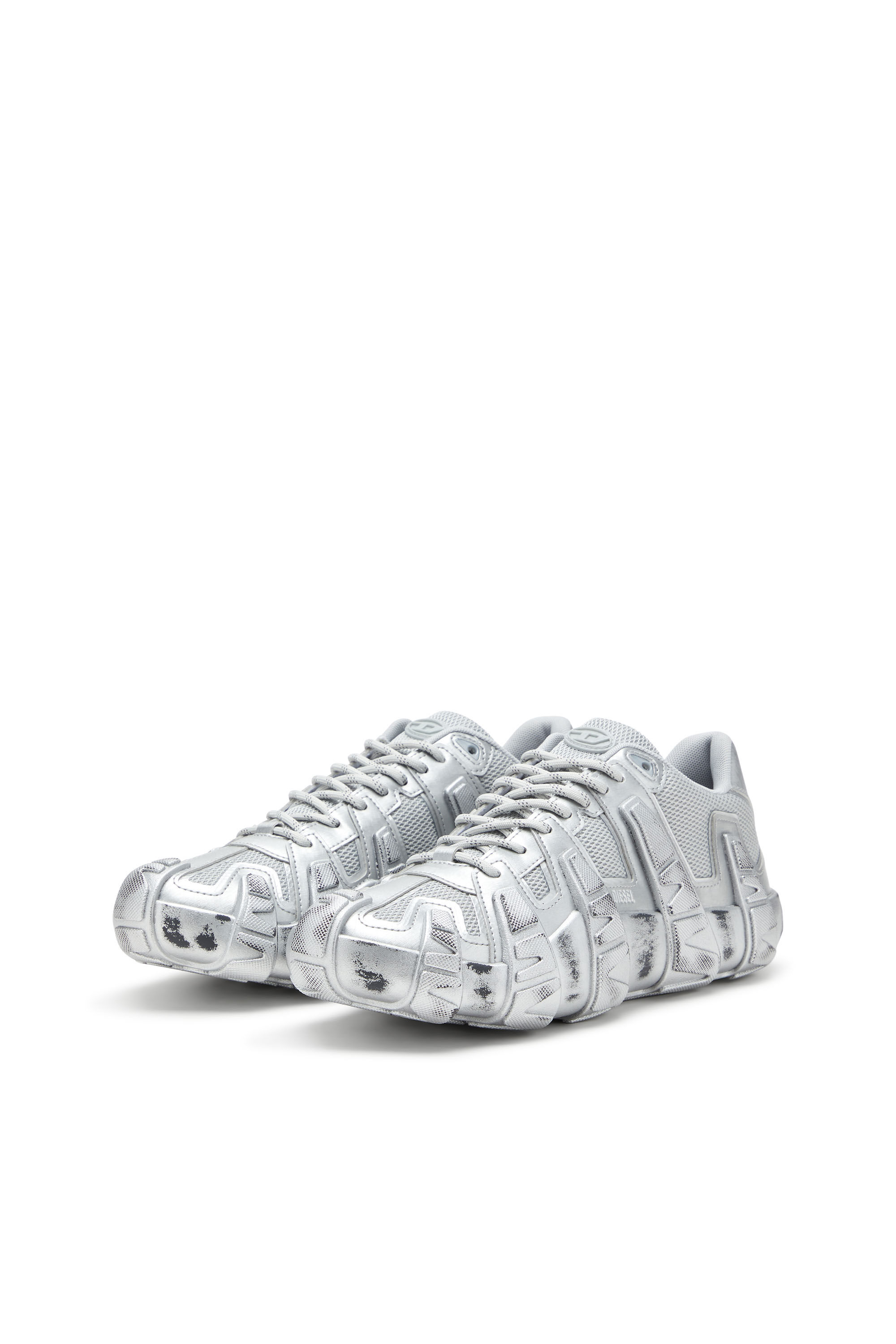 Diesel - S-D-GRIFFE LOW, Sneakers métalliques en mesh et PU Homme in Gris argenté - 8