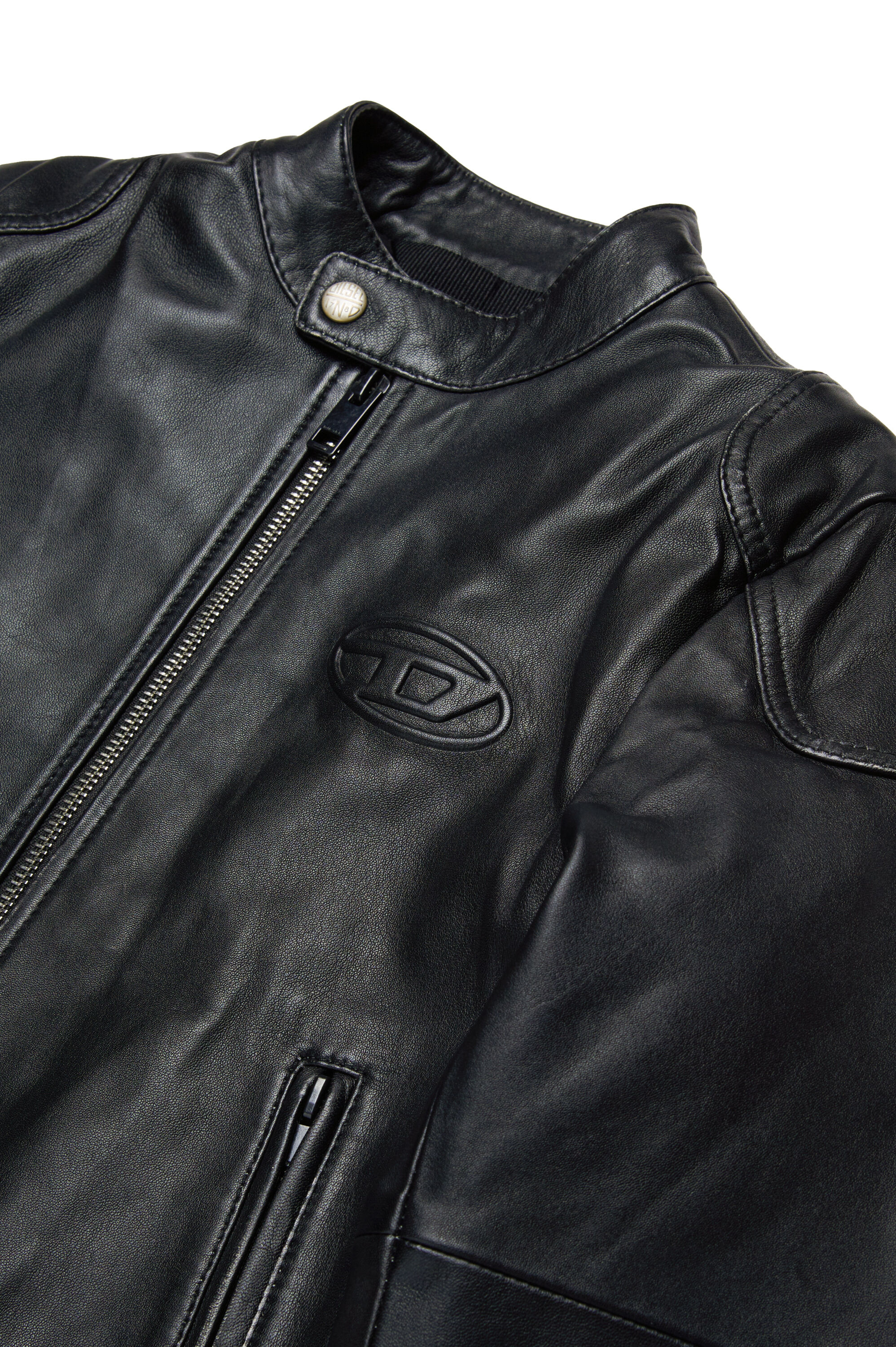 Diesel - JLHEIN, Man Leather biker jacket with embossed Oval D in Black - Image 3