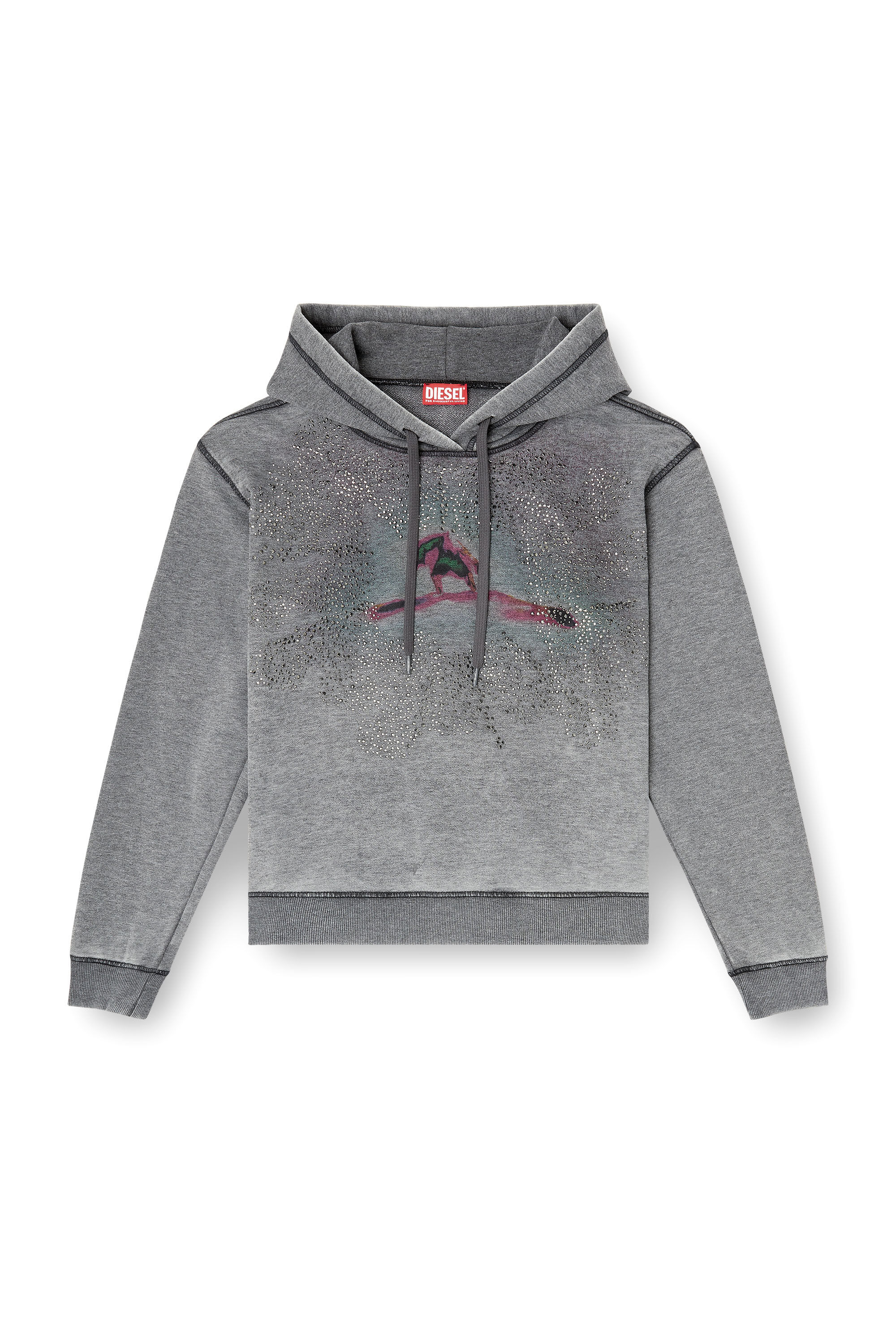 Diesel - F-NORMY-HOOD-S1, Sweat à capuche avec motif graphique numérique et détails en strass Femme in Gris - 2
