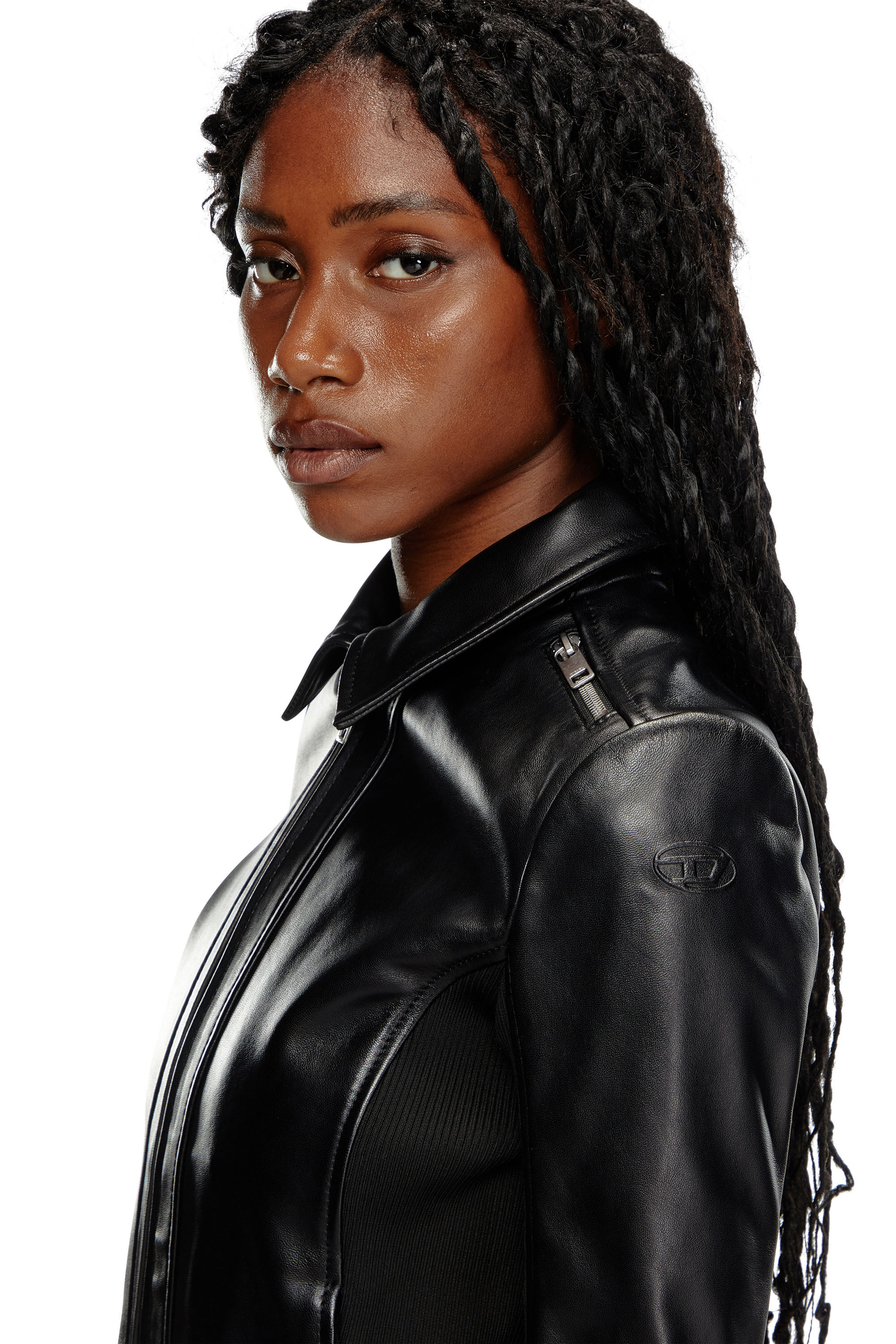 Diesel - L-SASK, Woman Leather biker jacket with rib panels in Black - Image 5