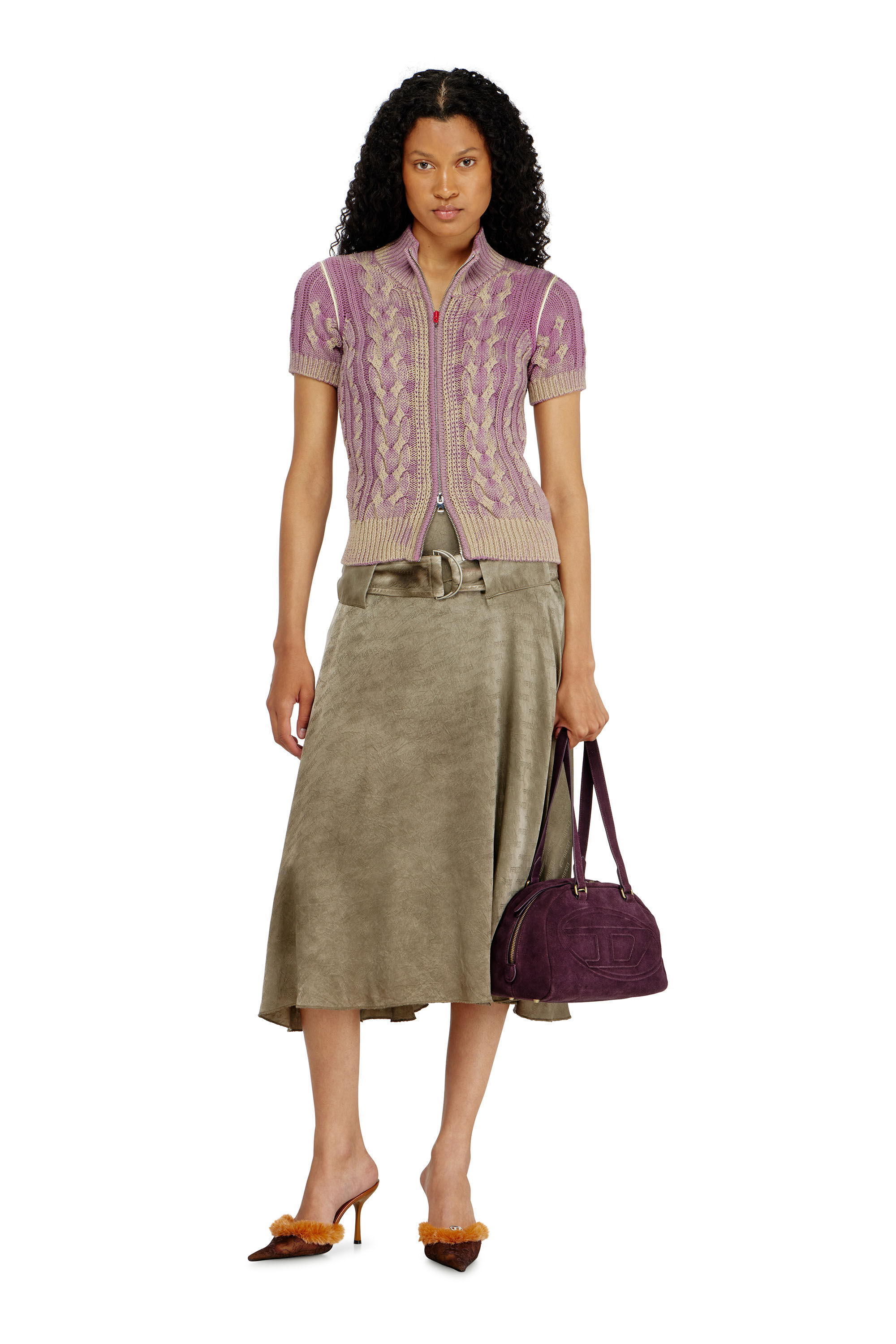 Diesel - M-ELANA, Cardigan a maniche corte con zip in maglia a trecce Donna in Viola - 1