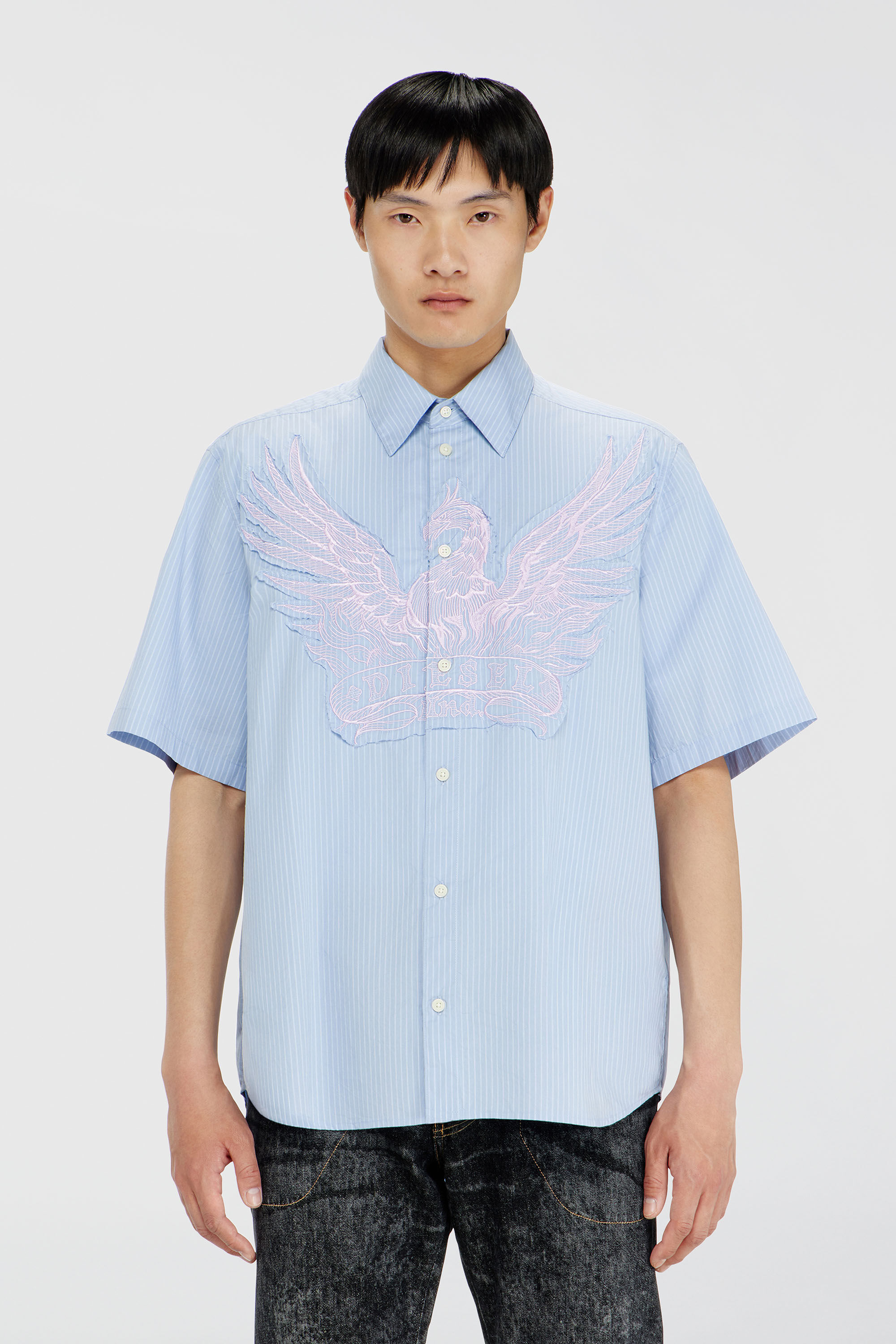 Diesel - S-SIMPLY-SS-AGCZ, Camicia in popeline a righe con patch ricamato Uomo in Blu - 3