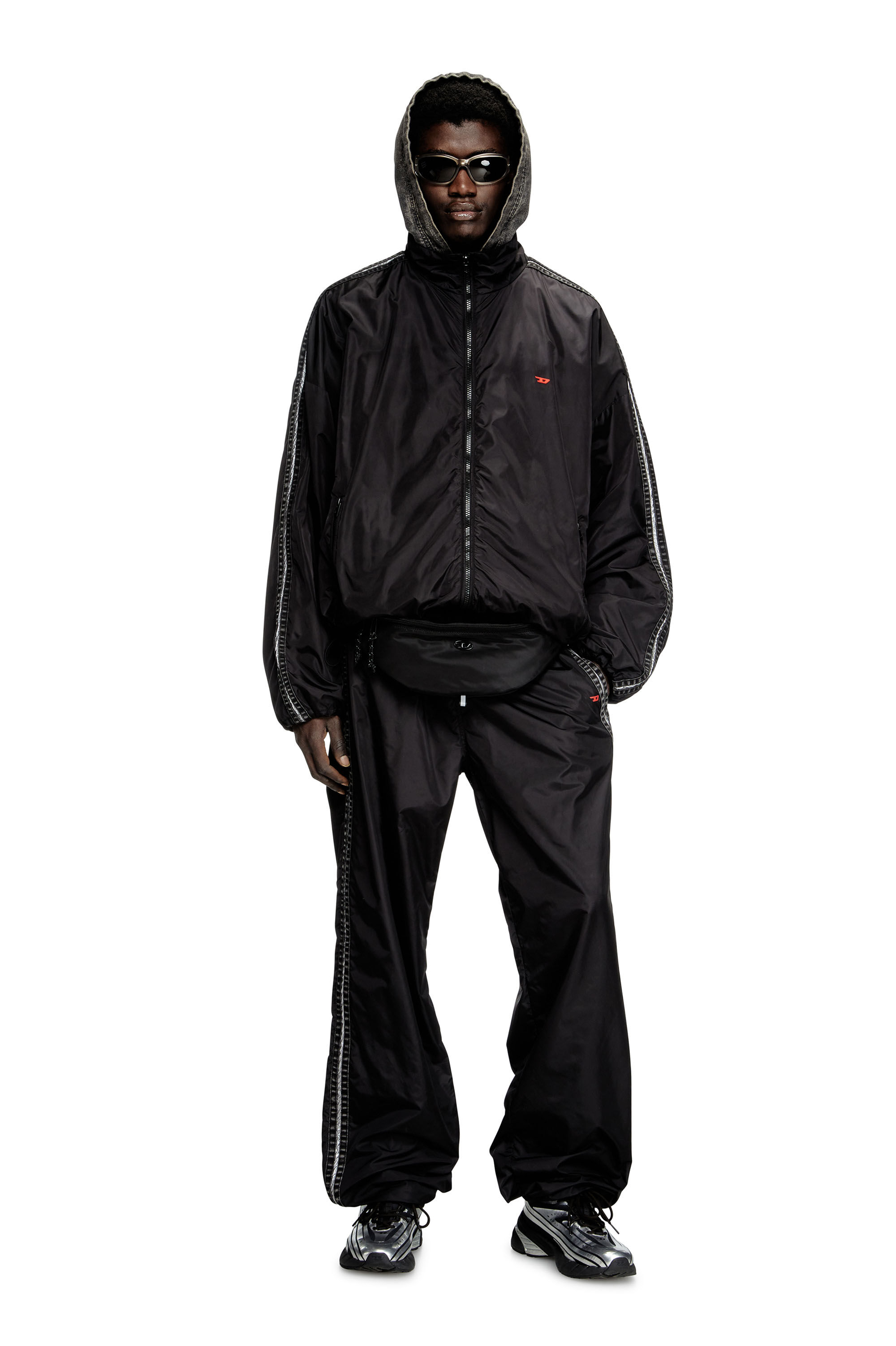 Diesel - J-CARON, Herren Trackjacke aus Nylon mit Einsätzen aus Denim in Schwarz - 1