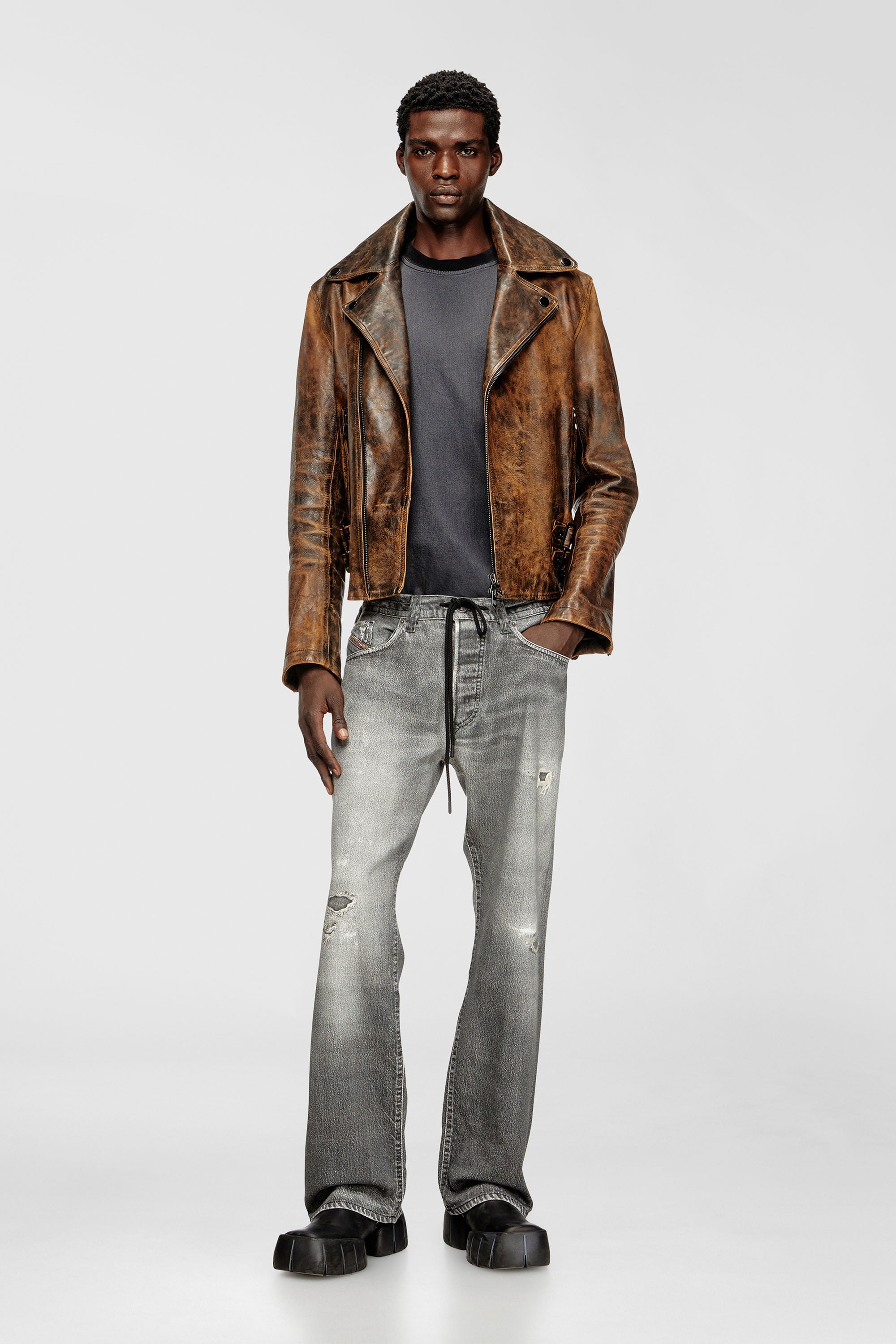 Diesel - L-EON, Giacca biker in pelle trattata Uomo in Marrone - 1