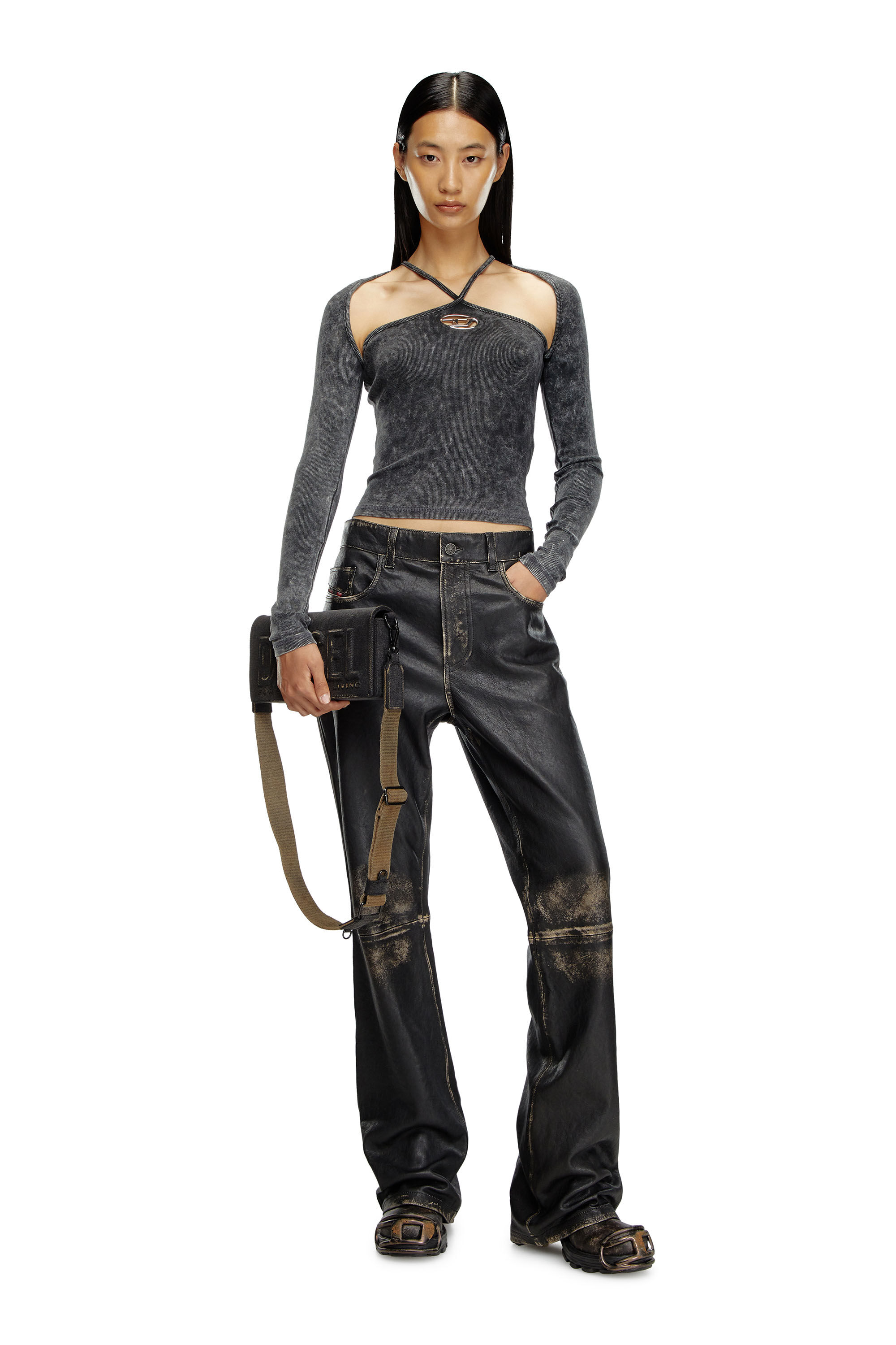 Diesel - T-MARINEL, Femme Top côtelé à manches longues avec bretelles croisées in Noir - Image 1
