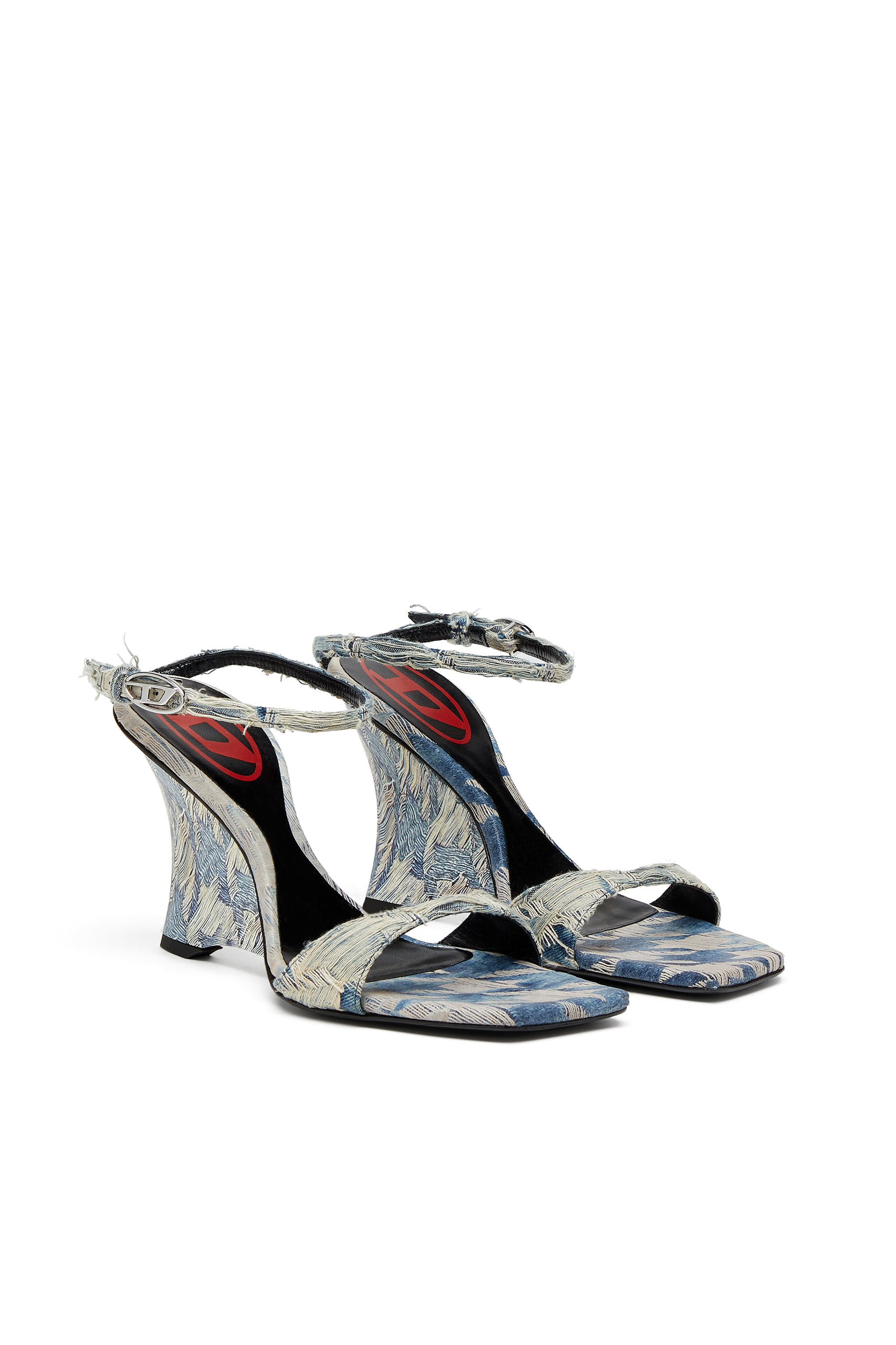 Diesel - D-AMBER SANDAL WEDGE, Sandales à talons compensés en denim jacquard Femme in Bleu - 1