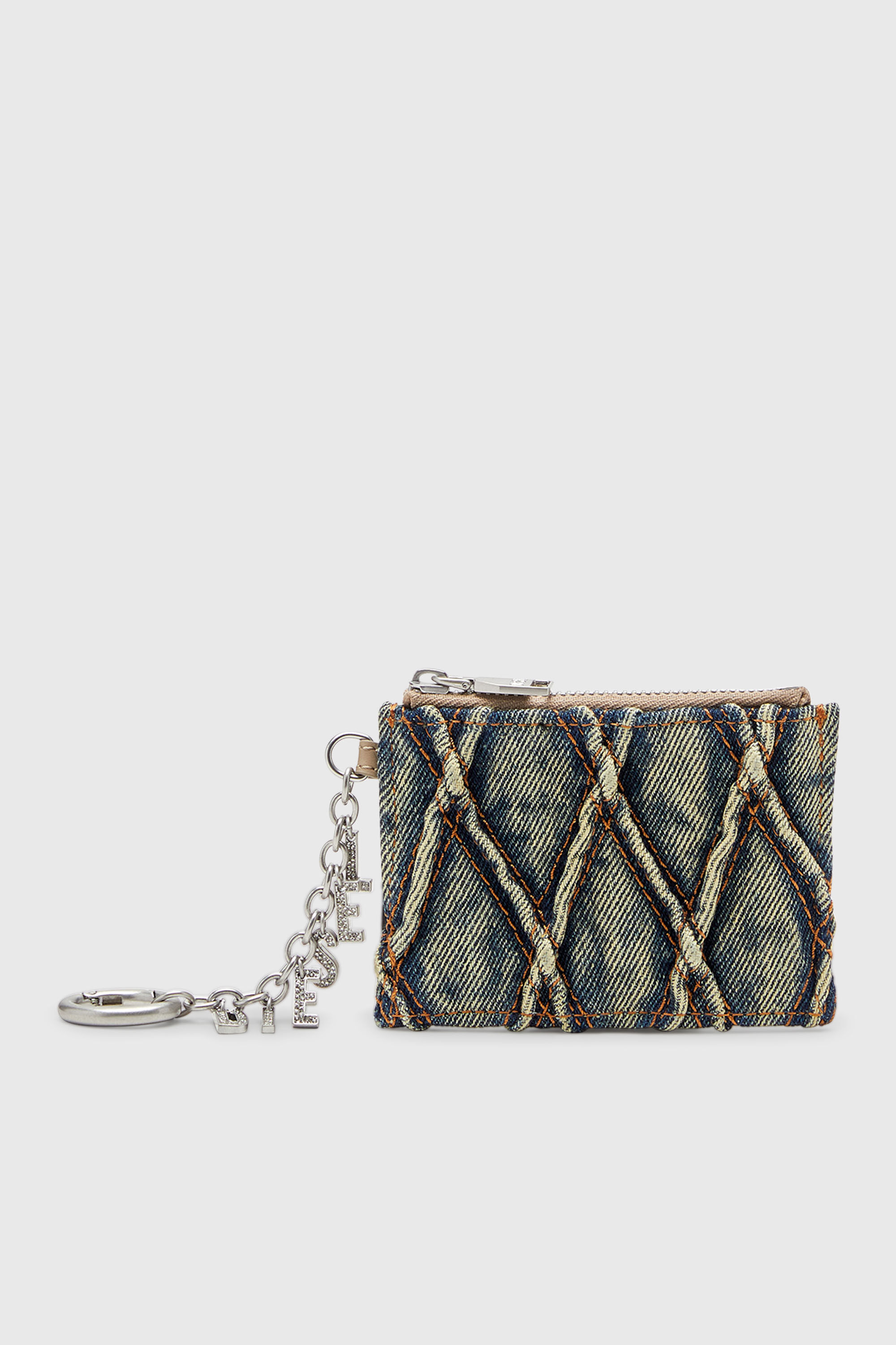 Diesel - CARD HOLDER WITH CHAIN, Porte-cartes en denim matelass&eacute; motif Argyle Femme in Bleu - 1