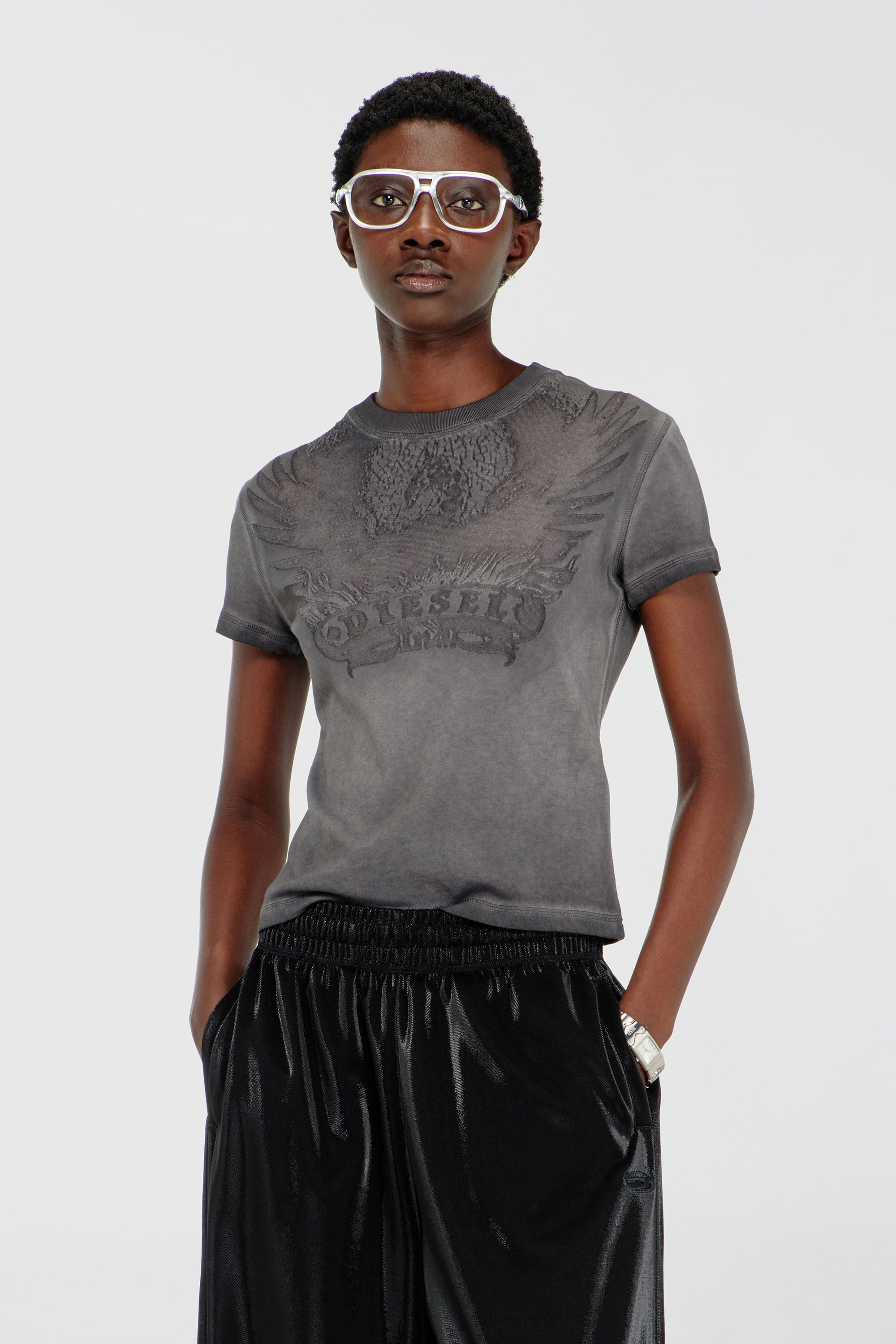 Diesel - T-ILA-AA7, T-shirt slim con d&eacute;vor&eacute; Phoenix Donna in Grigio - 3