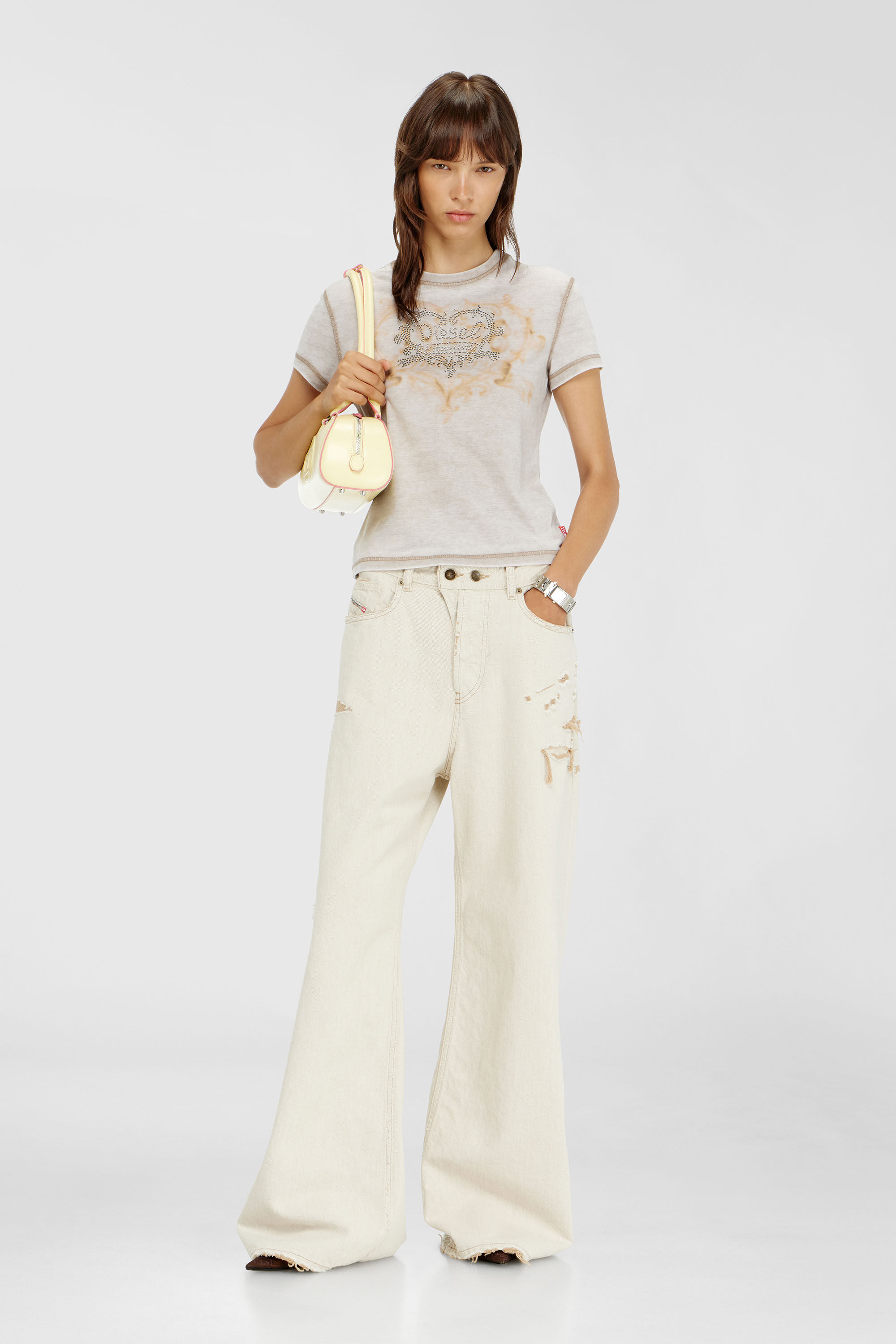Diesel - T-ILA-AA1, T-shirt in jersey con strass ed effetto burnout Donna in Grigio - 1