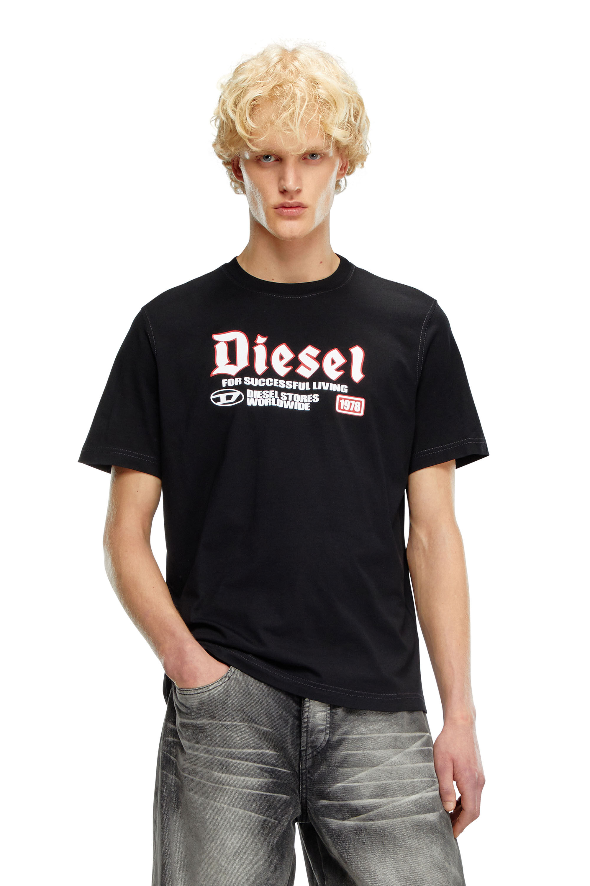 Herren T Shirt mit aufgeflocktem Diesel Print Schwarz Diesel