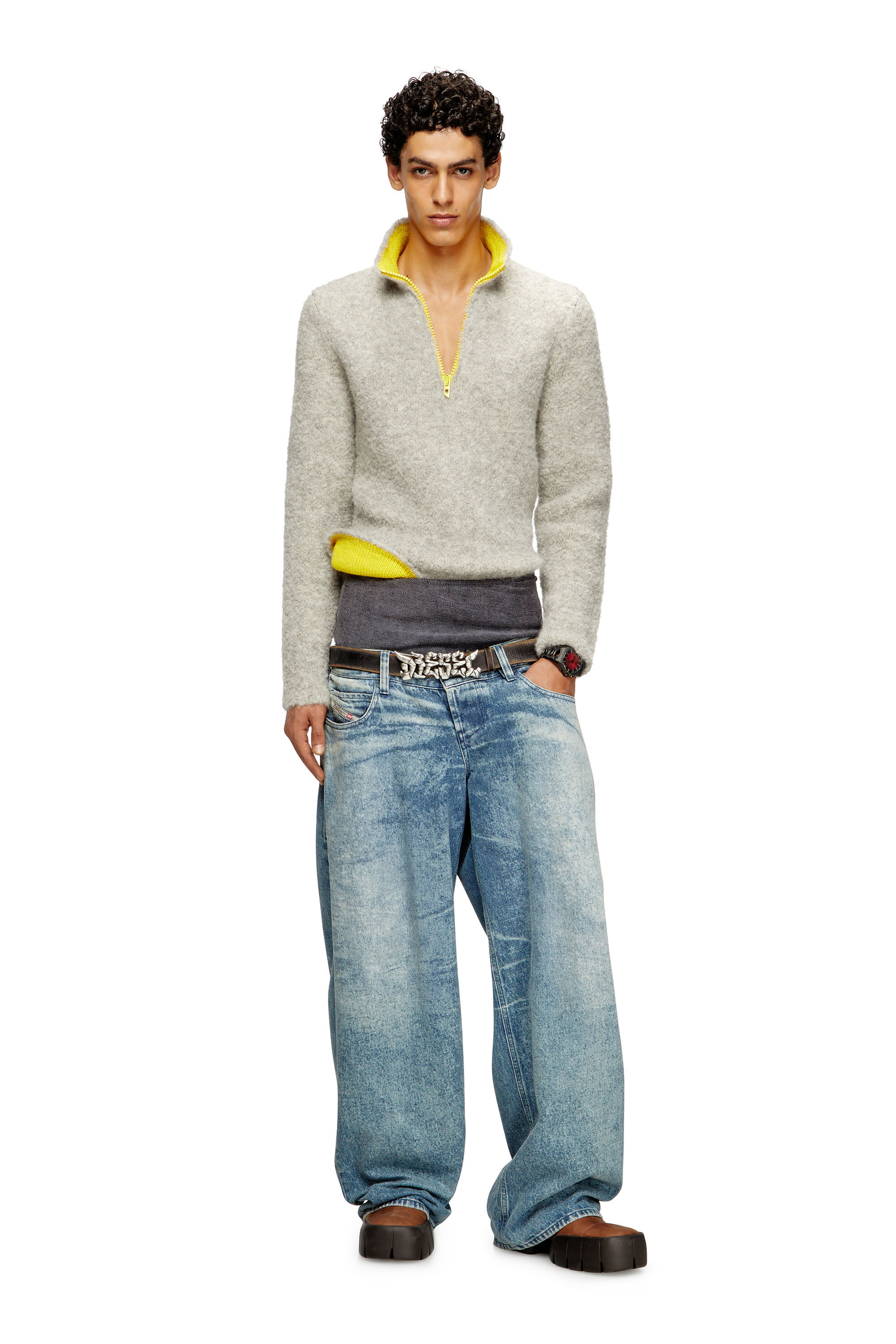 Diesel - K-ELLER, Maglia a mezza zip con interno a contrasto Uomo in Grigio - 1