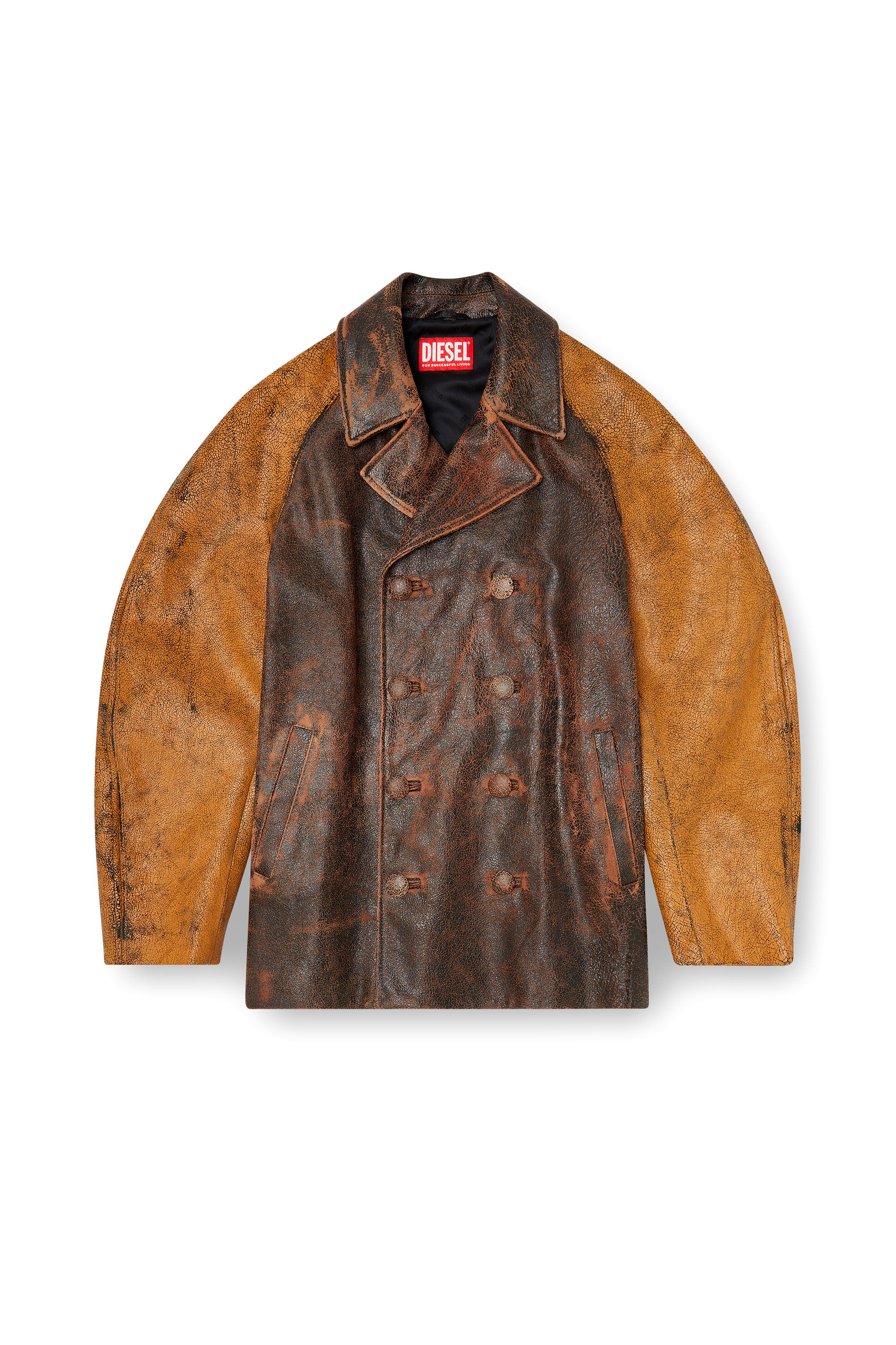 Diesel - L-NAHUN, Manteau caban cocon en cuir craquel&eacute; Homme in Marron - 2