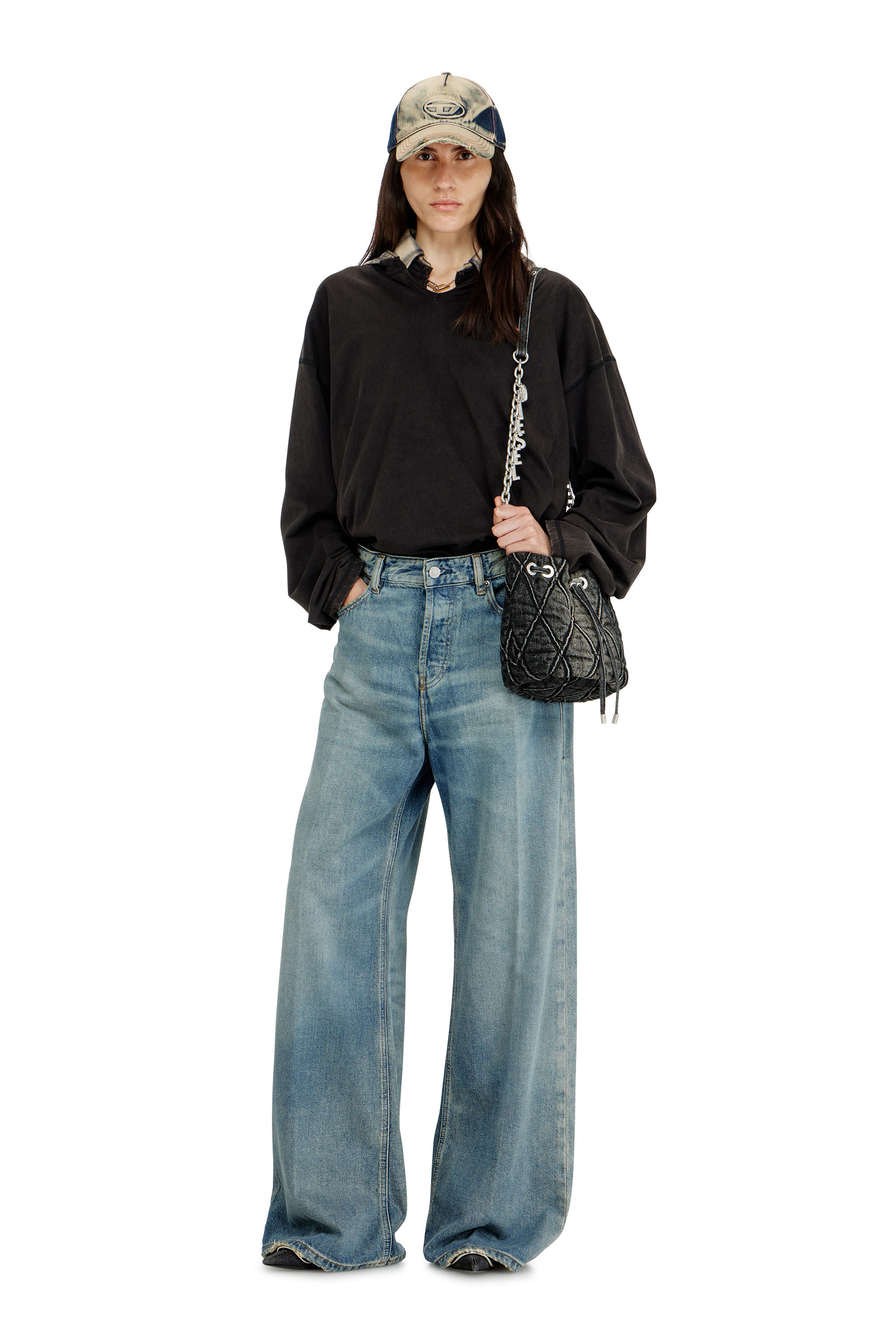 Diesel - CHARM-D BUCKET S, Charm-D S-Borsa bucket in denim trapuntato e trattato Donna in Nero - 1