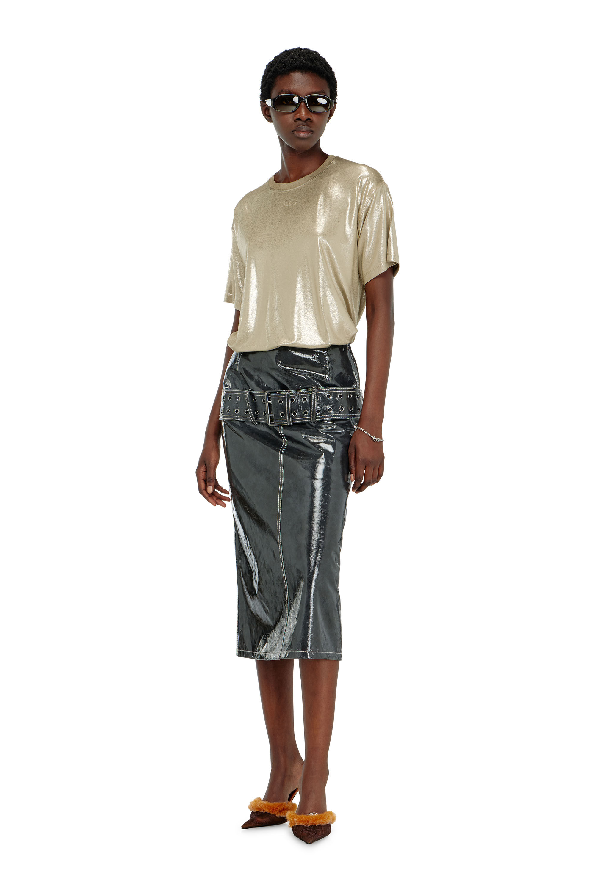 Diesel - T-NORMY-AA2, Damen Jersey-T-Shirt mit Metallic-Finish in Beige - 1