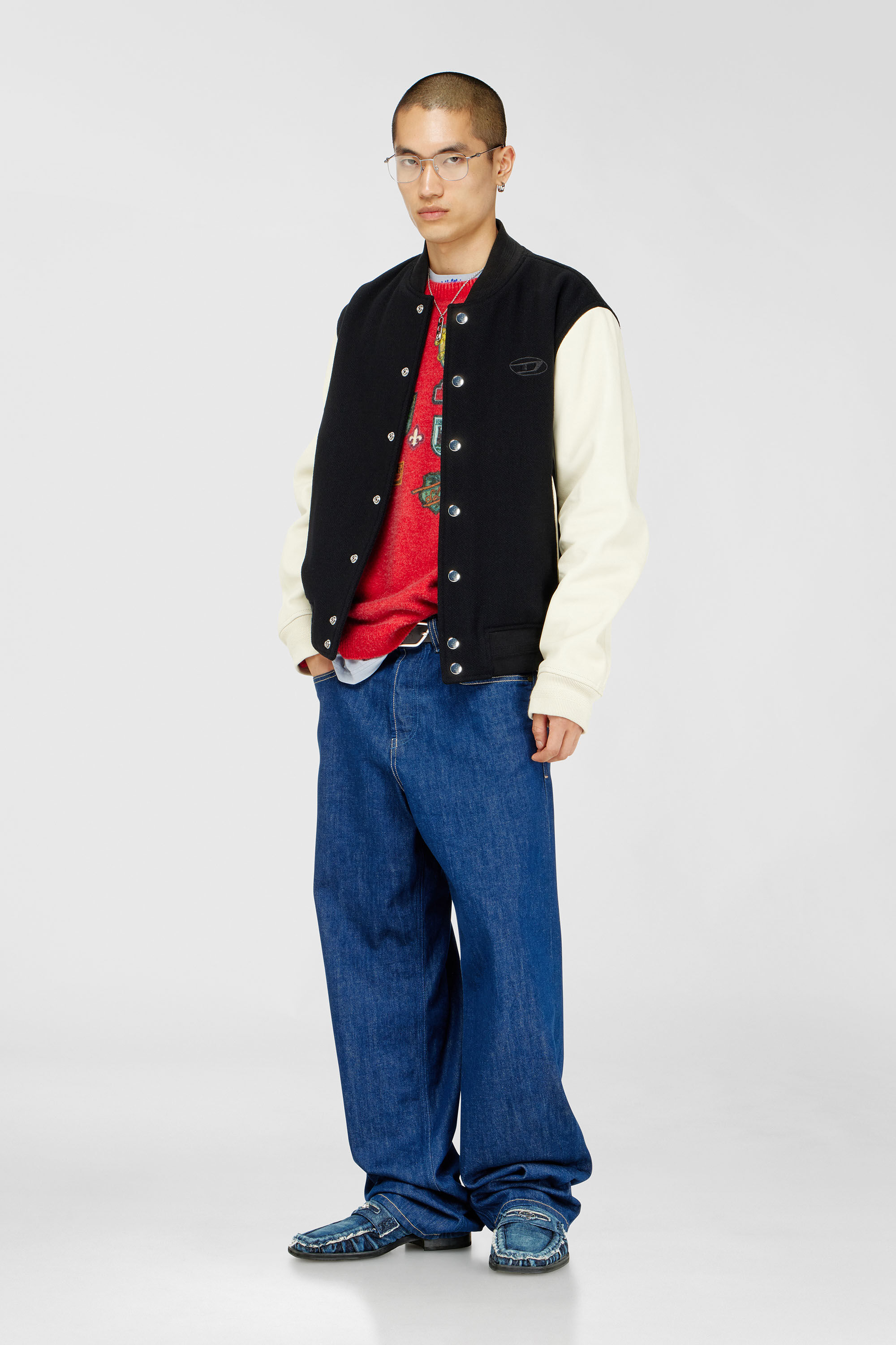 Diesel - L-ARRY-WRD, Herren Bomberjacke aus Wollmischung und Leder in Schwarz/Weiss - 1