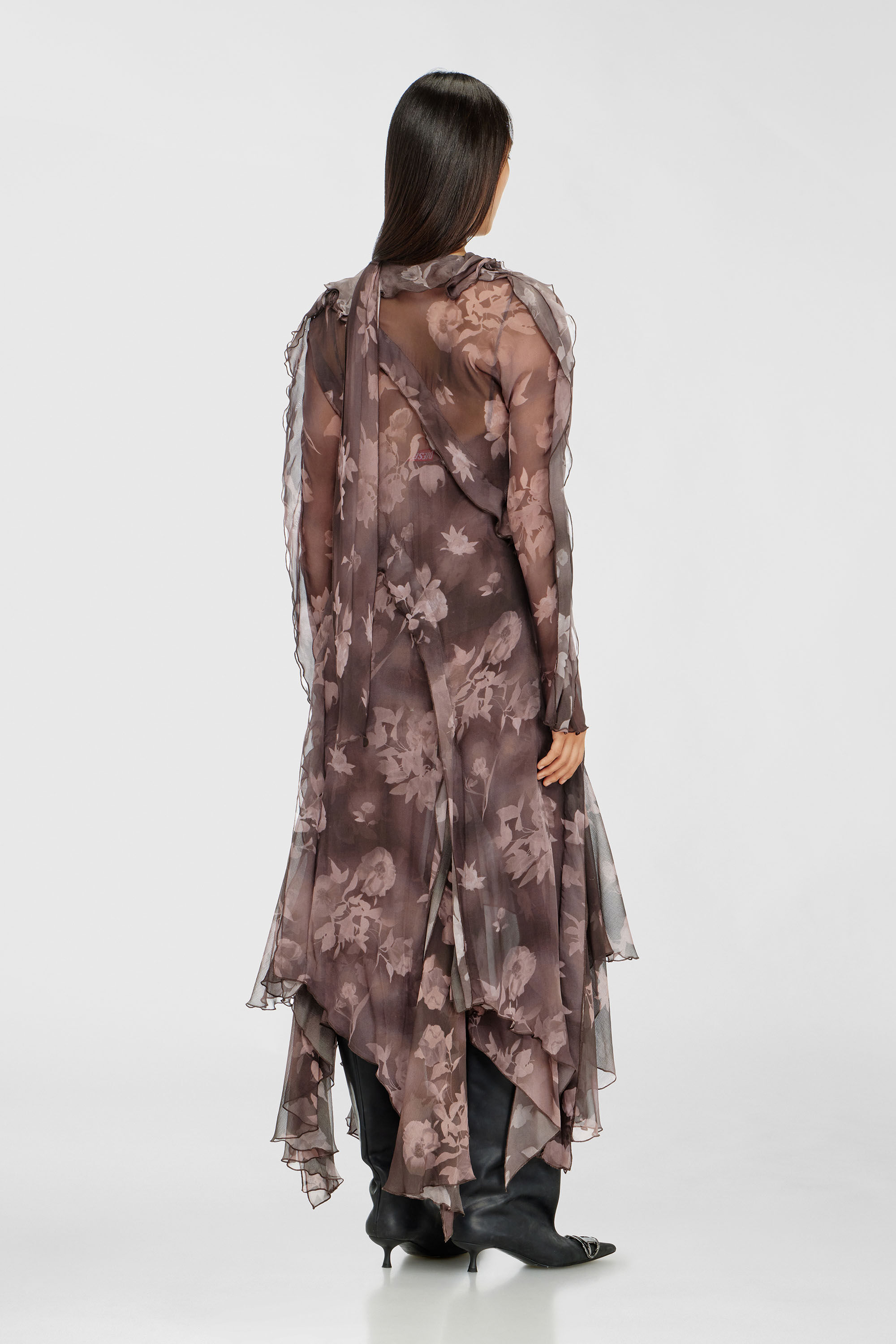 Diesel - D-RIADI, Damen Asymmetrisches Midikleid aus Chiffon und Seiden-Cr&ecirc;pe in Braun - 4