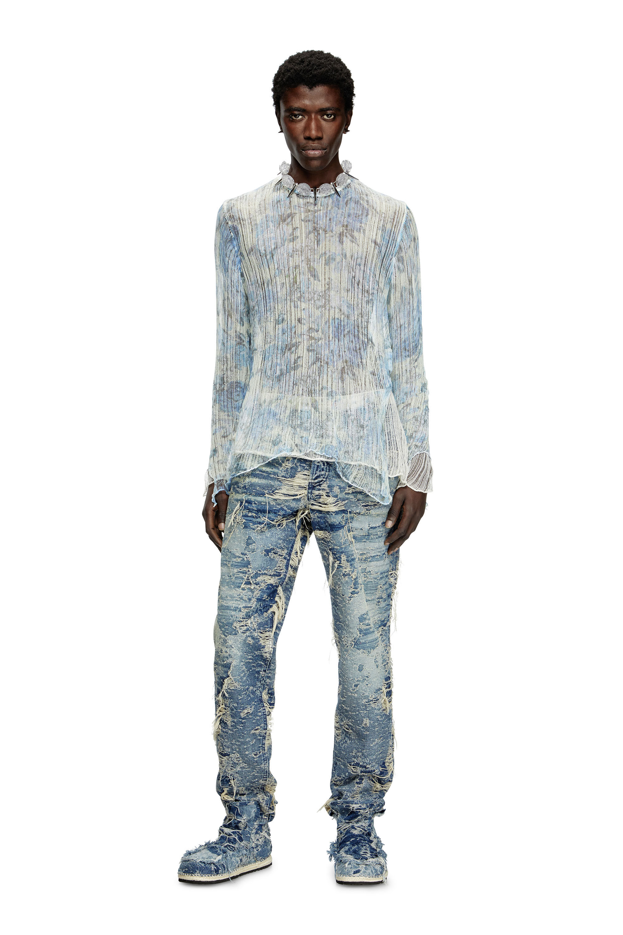 Diesel - K-AASMOS-A, Pull en maille échevelé avec imprimé floral Mixte in Bleu - 1
