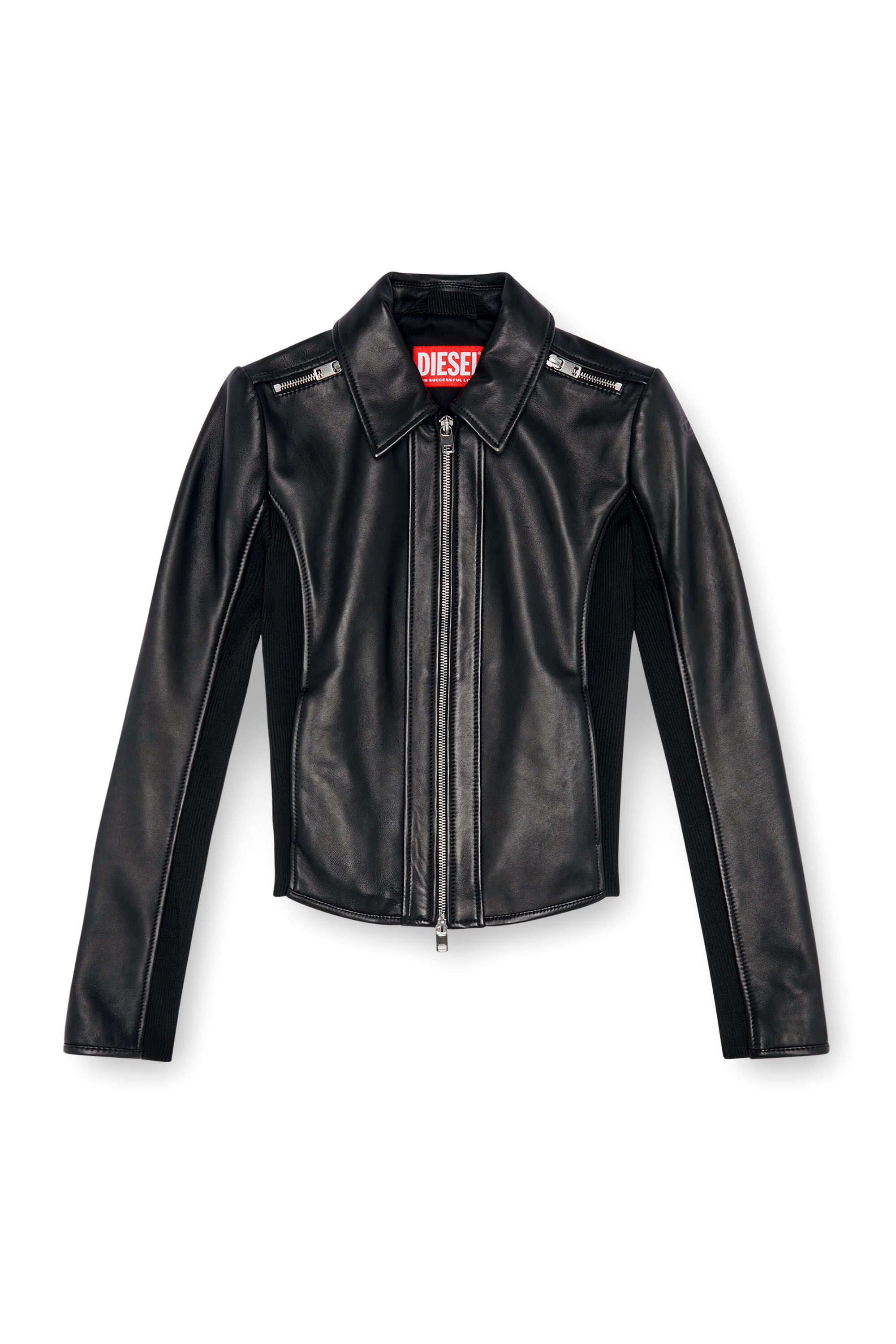 Diesel - L-SASK, Woman Leather biker jacket with rib panels in Black - Image 2