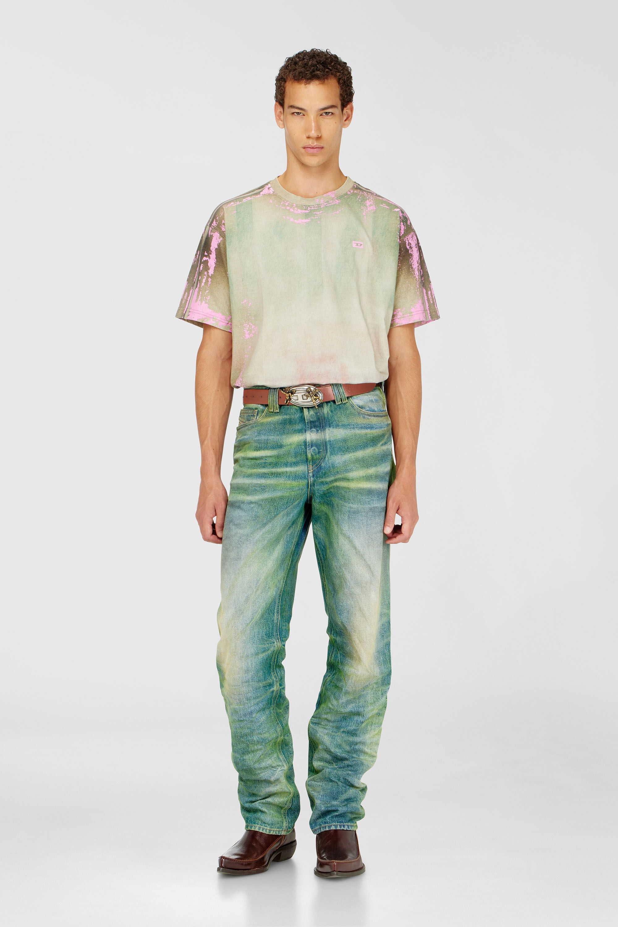 Diesel - T-FILMY-SHO, Herren T-Shirt aus Jersey mit Leder-Crack-Effekt in Rosa/Gr&uuml;n - 1