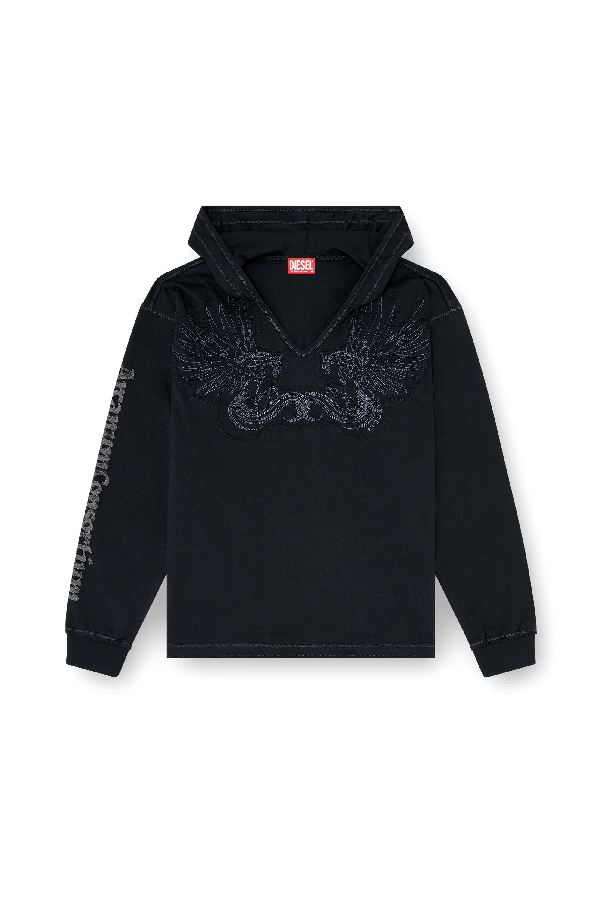 Diesel - T-PHEN-LS-HOOD-RIB, Herren Kapuzenpullover mit V-Ausschnitt und Stickerei vorn in Schwarz - 2