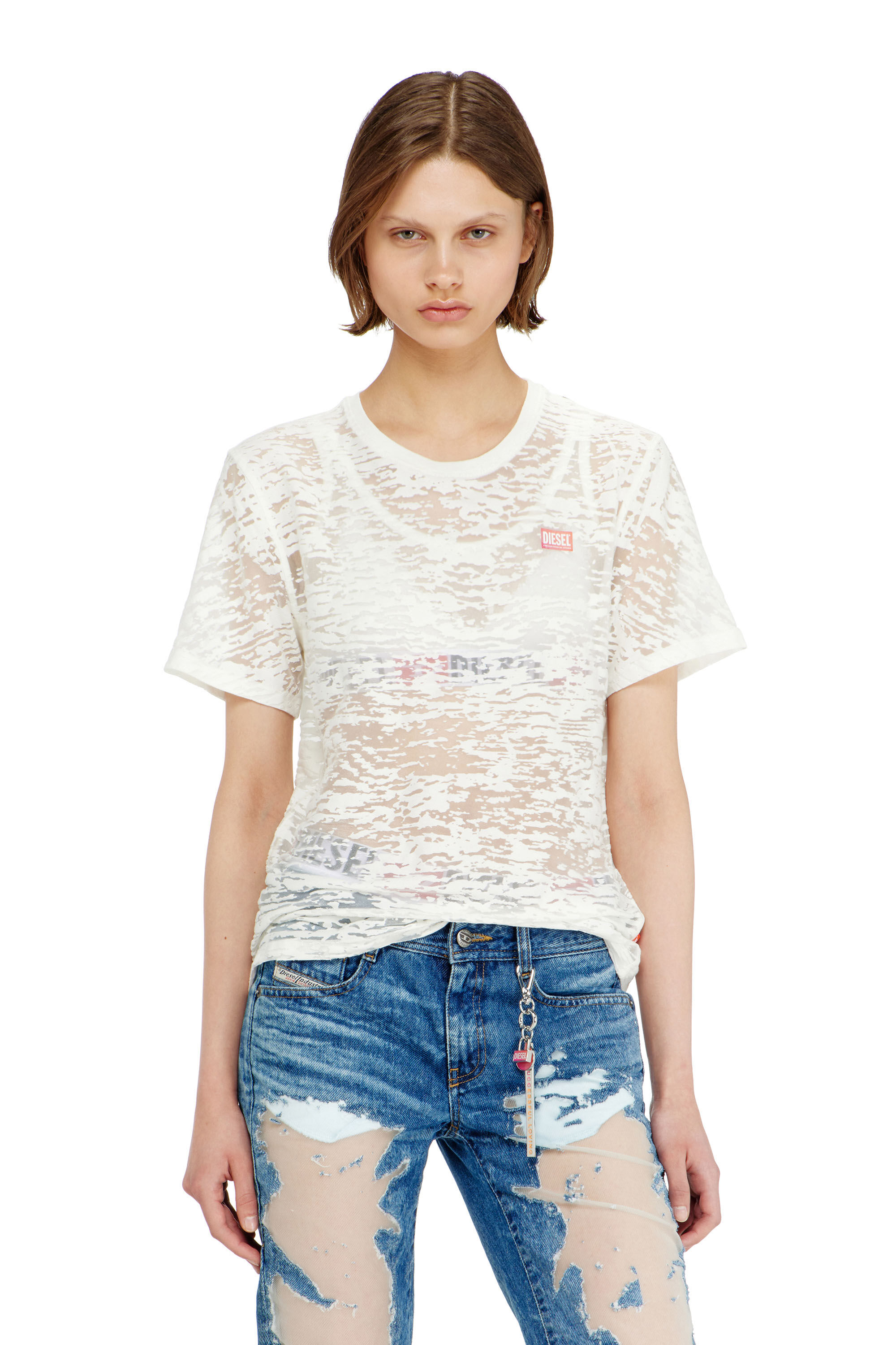Diesel - PR-T-NOTS-MATI-R, Unisex T-shirt aus all-over devor&eacute;-Jersey in Wei&szlig; - 5