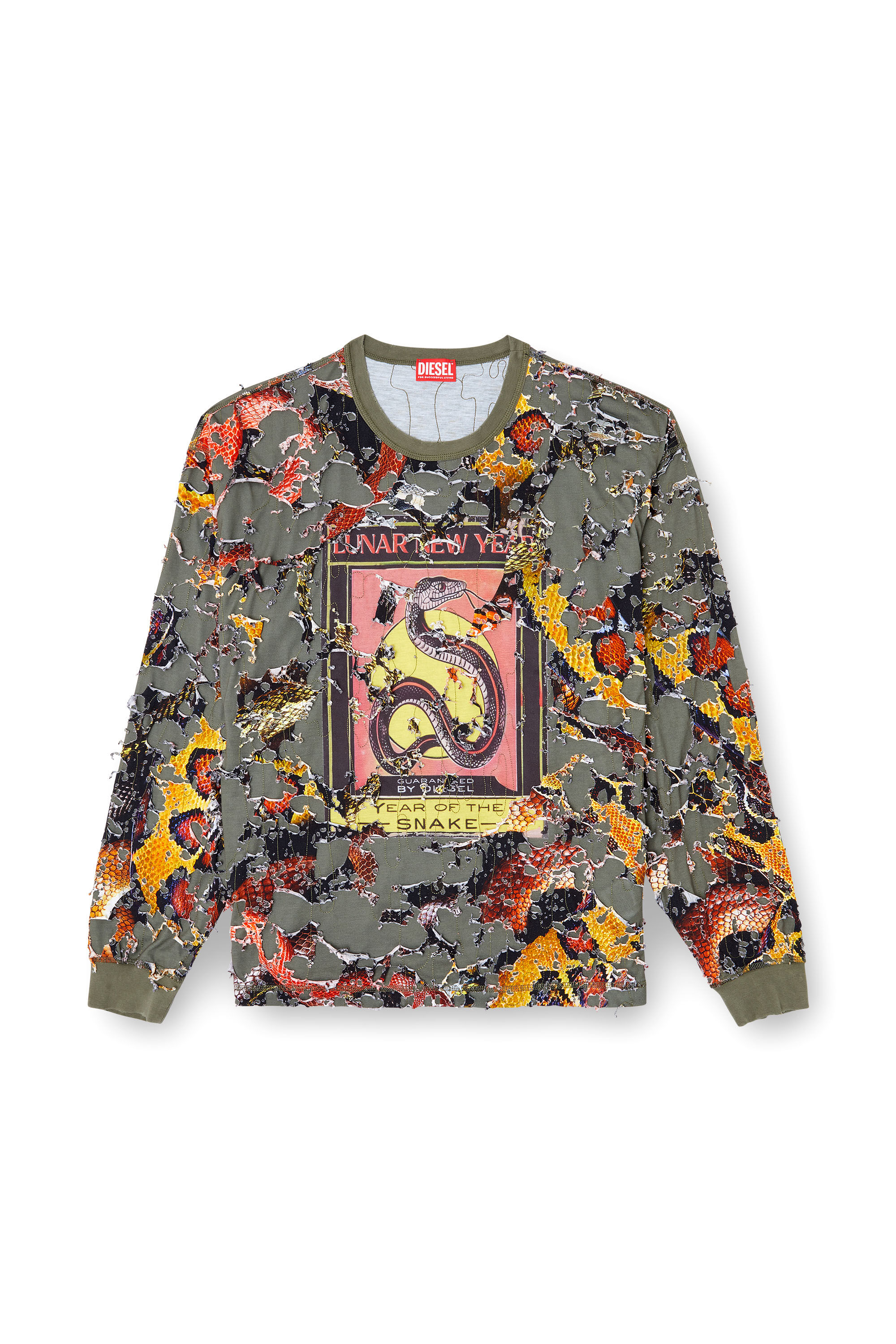 Diesel - CL-T-BOXT-LS-DEVOR-SNAKE, T-shirt à manches longues avec imprimé serpent effet destroy Mixte in Vert - 2