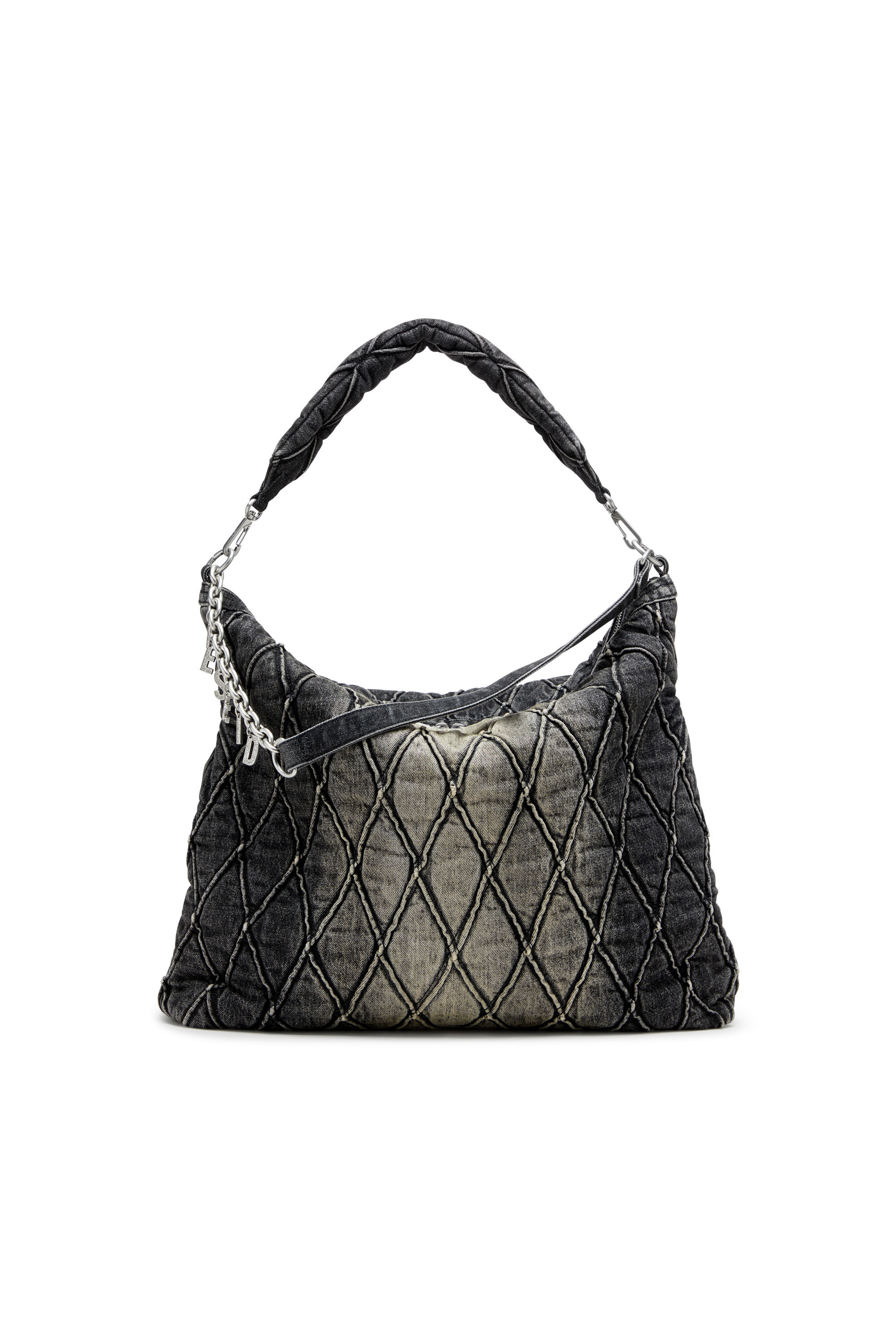 Diesel - CHARM-D HOBO, Damen Charm-D-Große Hobo-Tasche aus behandeltem, gestepptem Denim in Schwarz - 1