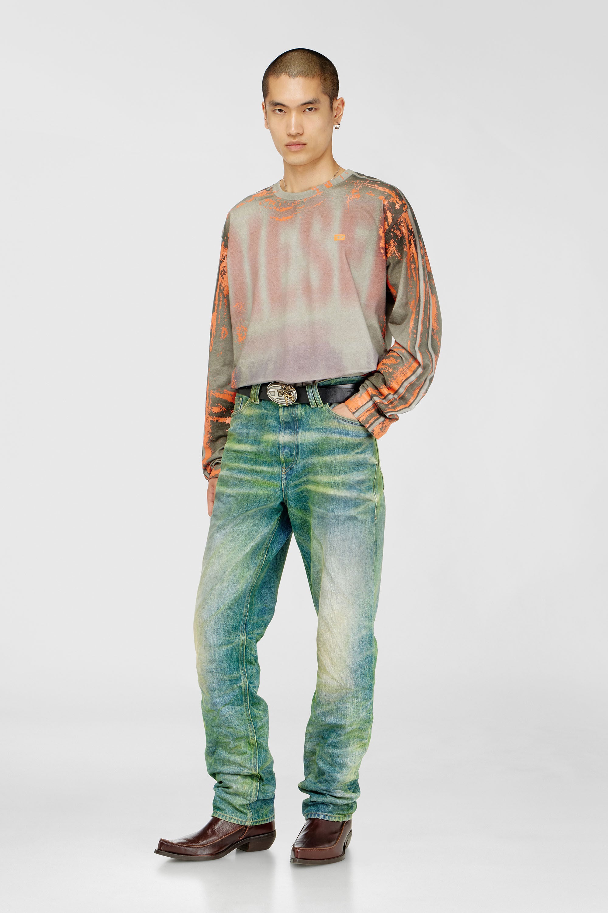 Diesel - T-FILMY, Herren Langarmshirt aus Cracked Jersey in Grau/Orange - 1