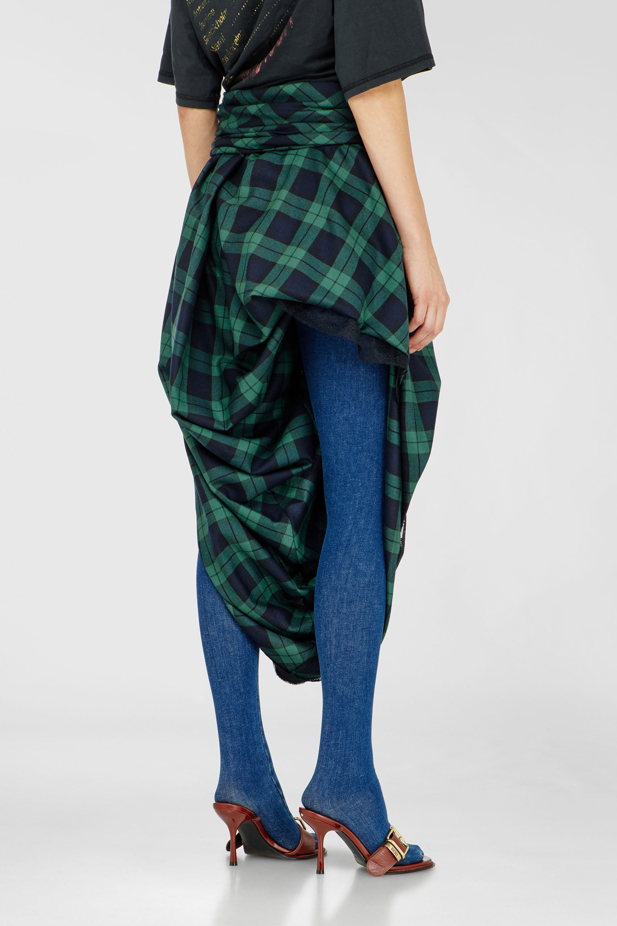 Diesel - O-WINNY, Gonna midi tartan drappeggiata con bordo in pizzo Donna in Multicolor - 4