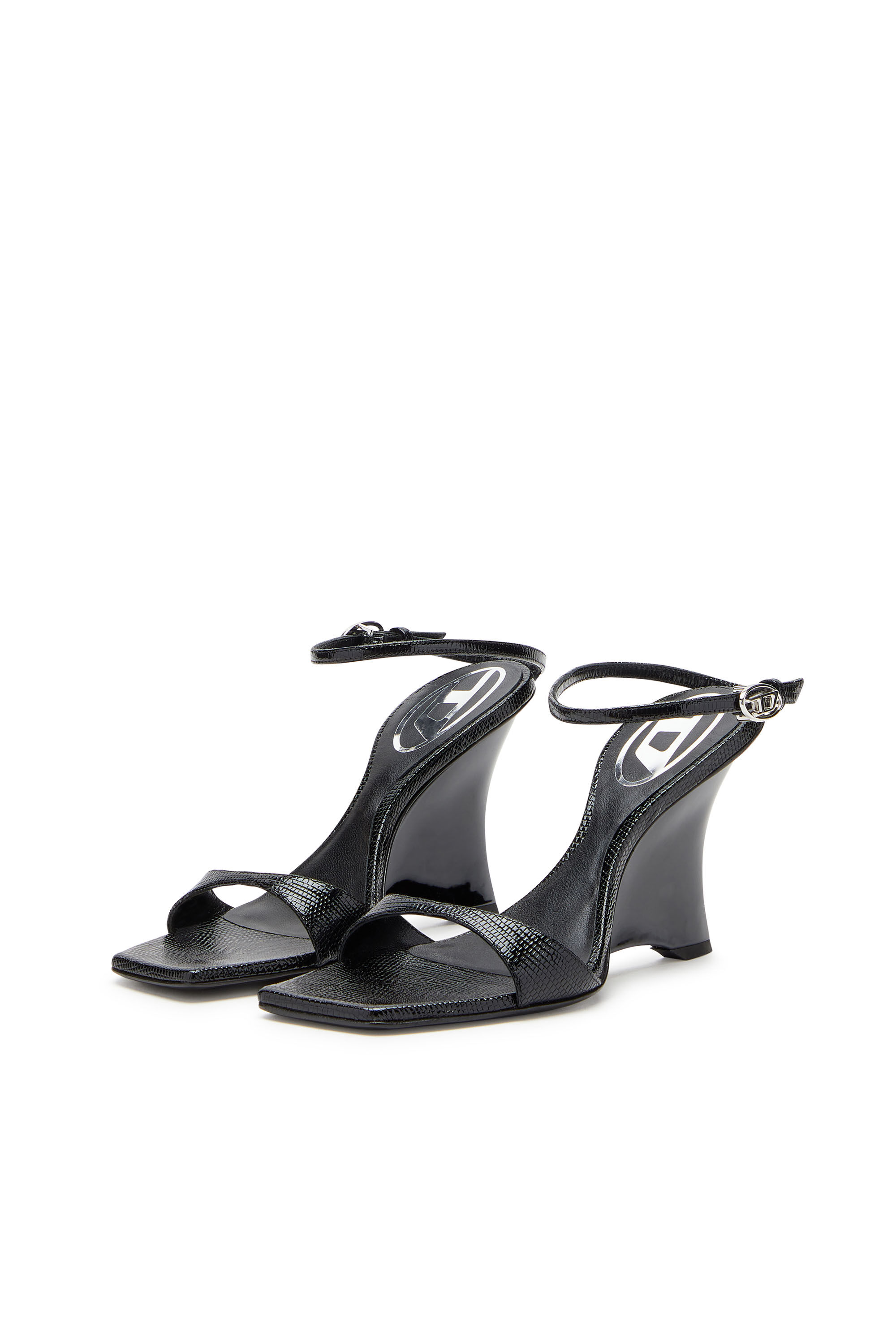 Diesel - D-AMBER SANDAL WEDGE, D-Amber-Sandali a zeppa in pelle effetto lucertola Donna in Nero - 7