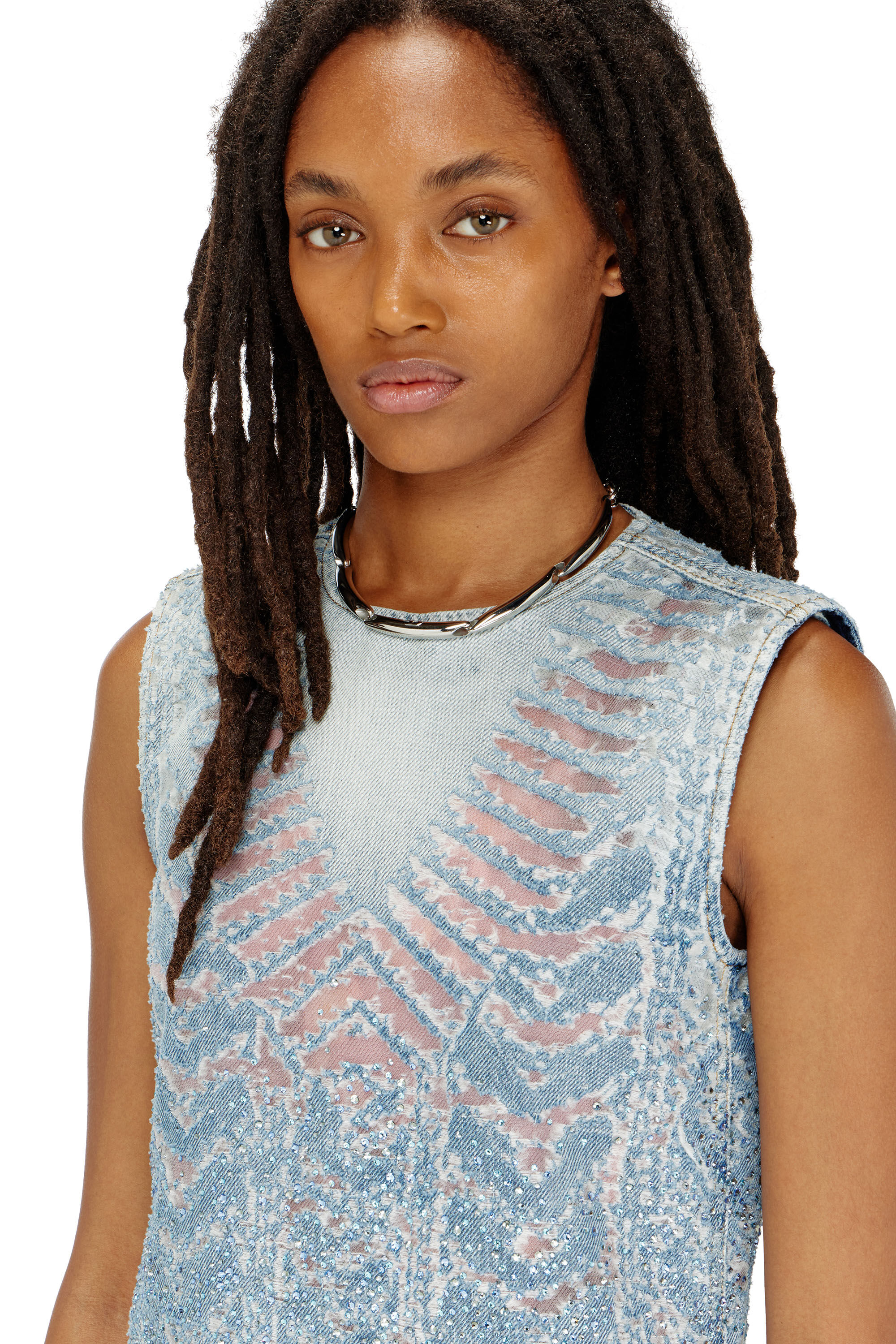 Diesel - DE-MYRELA-S, Mini dress in denim devor&eacute; con effetto microstone Donna in ToBeDefined - 5