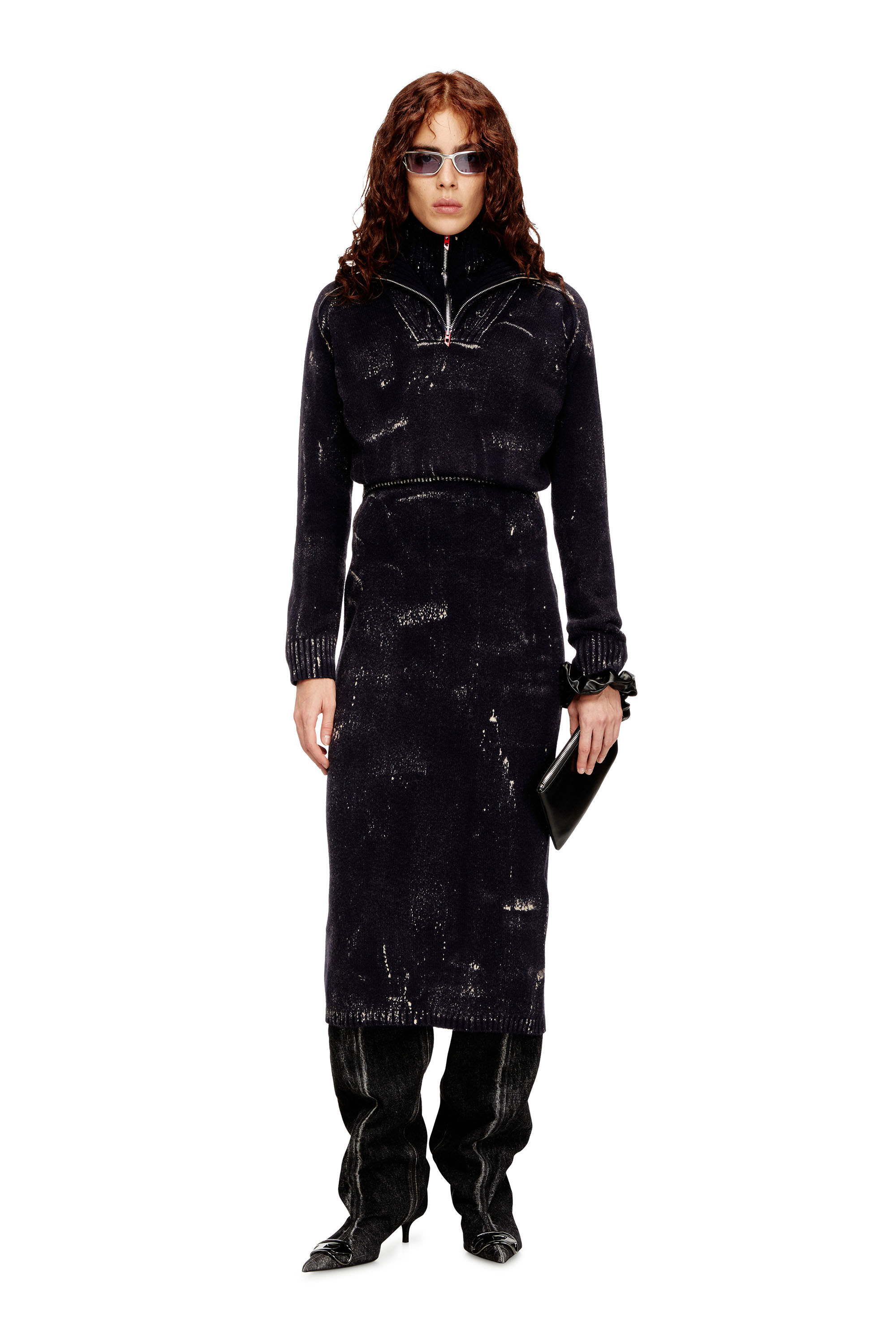 Diesel - M-MARCELLE, Damen Midikleid aus behandeltem Wollmischgewebe-Strick in Schwarz - 1