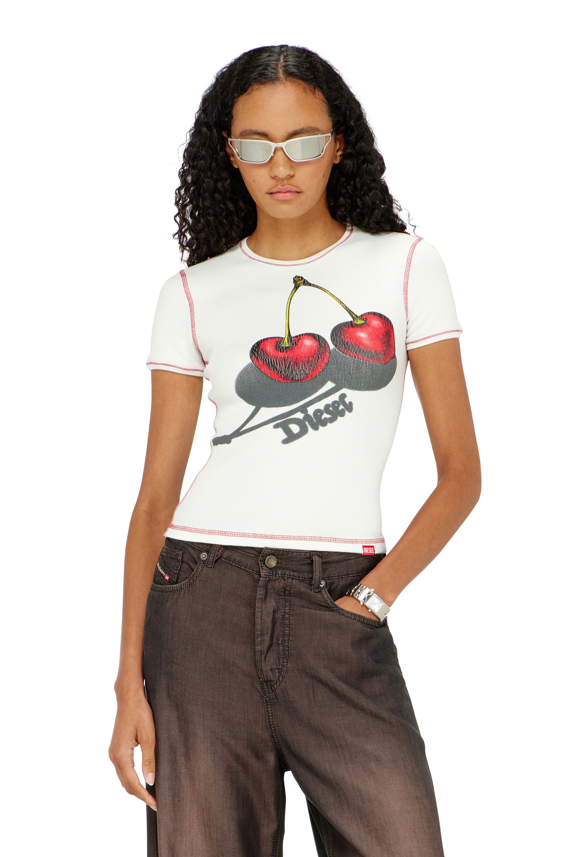 Diesel - SV-T-ELE-CHER, T-shirt en coton slim avec imprim&eacute; cerise Femme in Blanc - 3