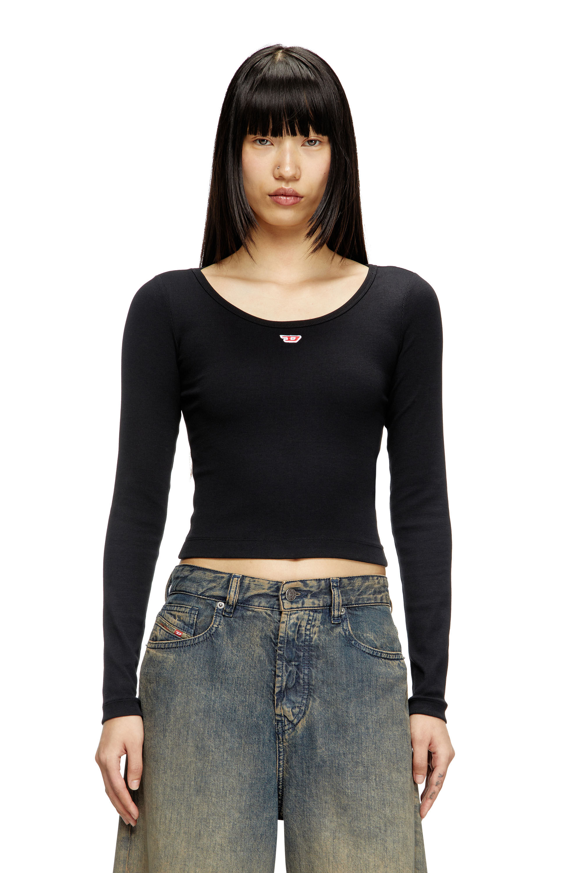 Diesel - T-BALLET-D, Damen Langarm-Top mit gesticktem D-Patch in Schwarz - 3